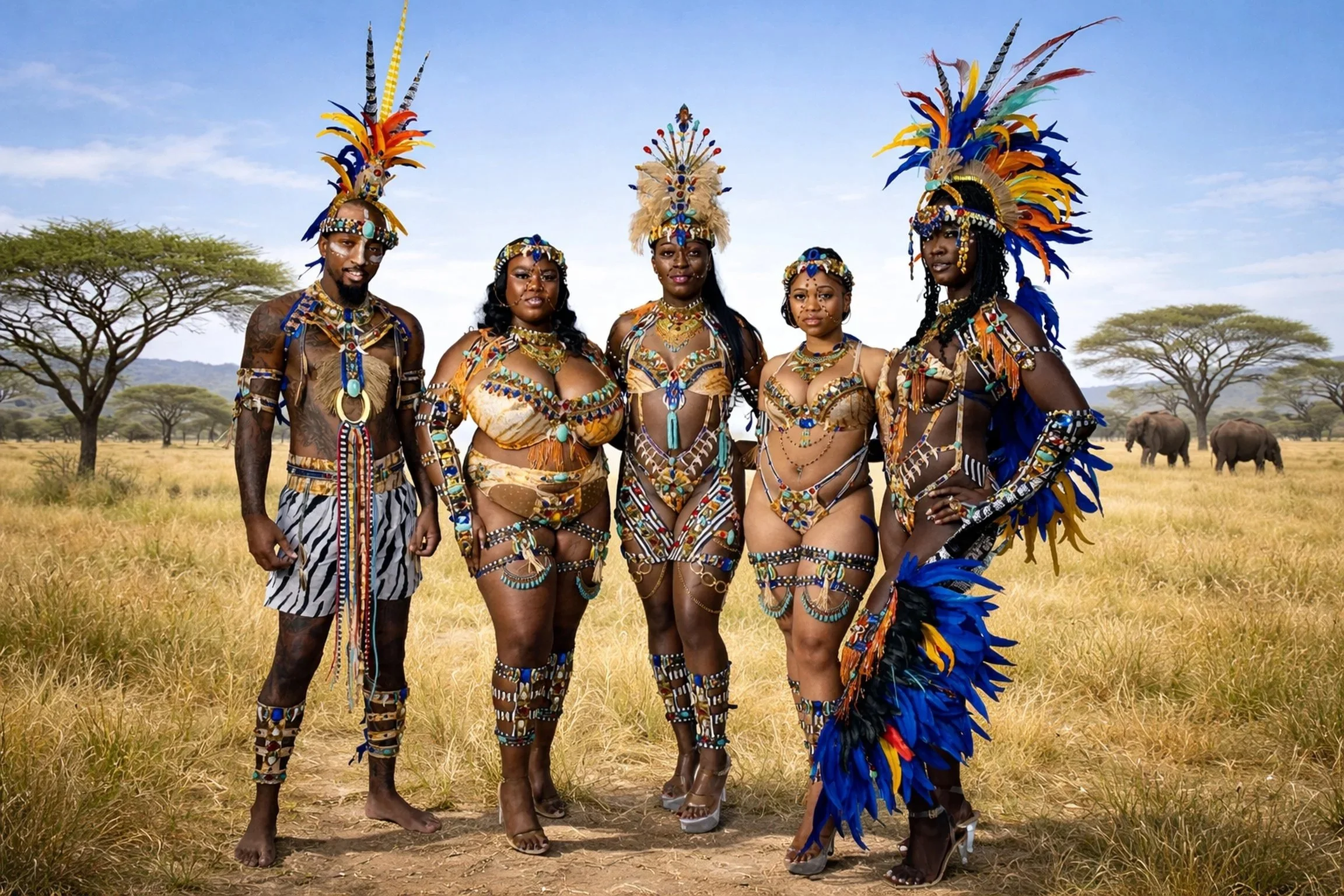 Group of five people dressed in colorful traditional African costumes with feathers, beads, and jewelry, standing in a grassy plain with scattered trees and elephants in the background, under a partly cloudy sky.
