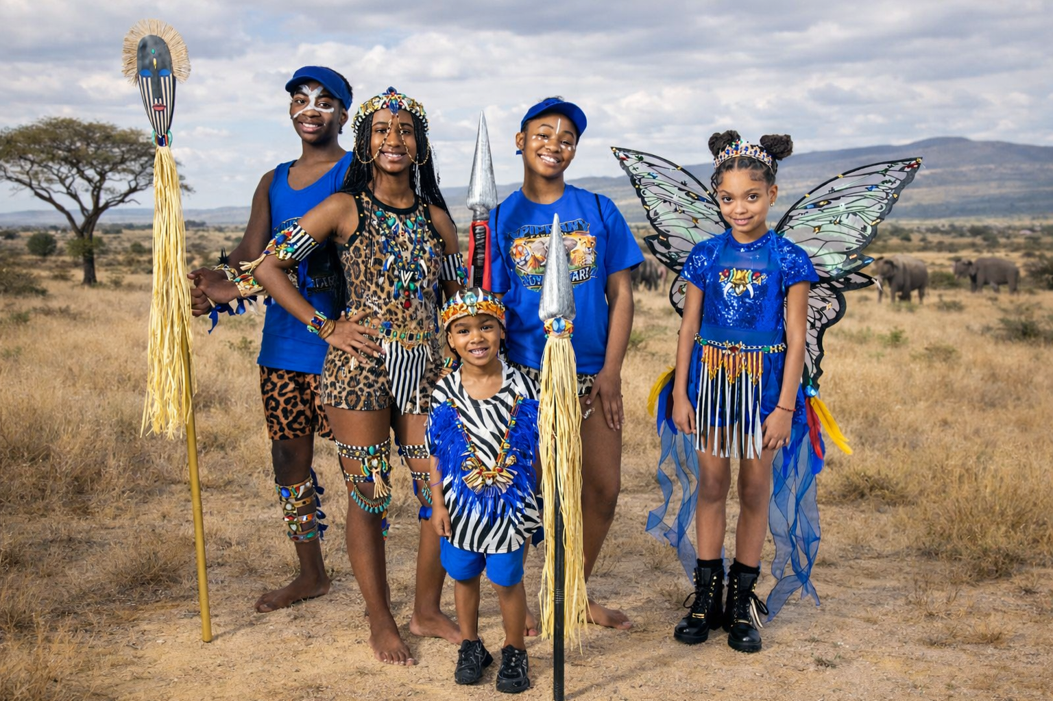 Children dressed in tribal and fairy costumes, standing in an outdoor savannah landscape with elephants in the background.