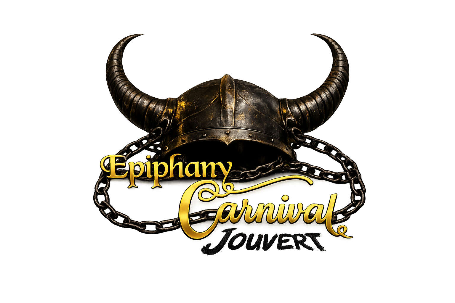 A Viking helmet with large curved horns and chains, with the words 'Epiphany Carnival' in gold and black text overlaying the helmet.