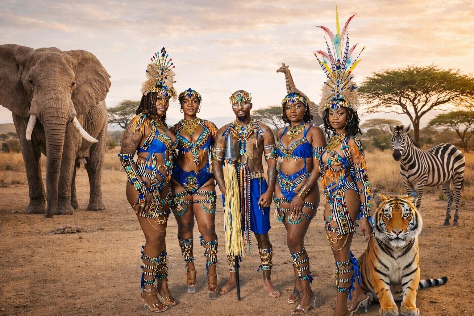 A group of five African people in traditional blue and gold costumes with animal-themed accessories, surrounded by elephants, a zebra, and a tiger in a savannah at sunset.
