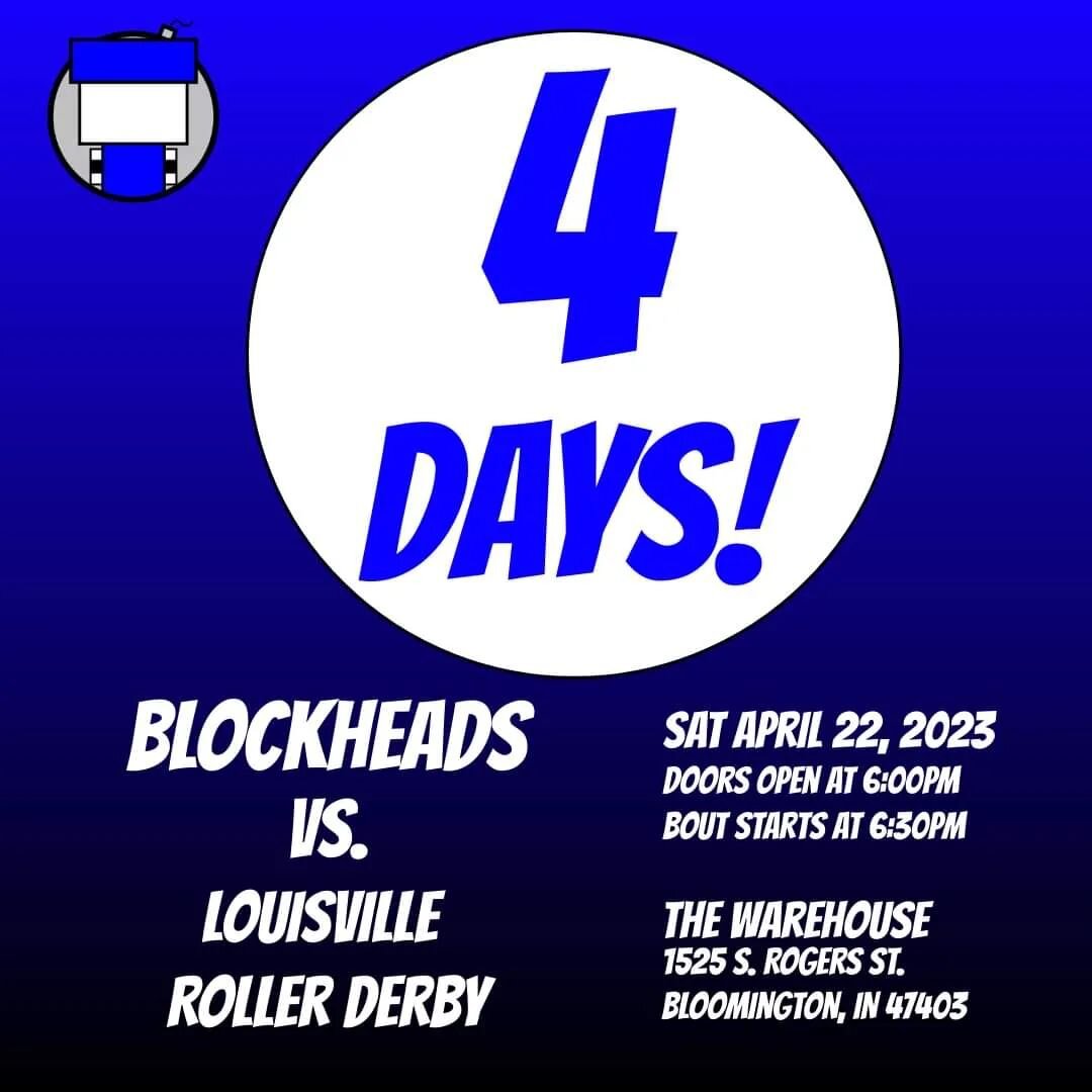 4 DAYS!! 
Only 4 days until our first bout of the season against Louisville Roller Derby! 

Do you have you tickets yet!?
Link is in our bio!

@louisvillerollerderby
#BOOMingtonBlockheads #louisvillerollerderby #ItsBoutTime #WFTDA #rollerderby #india