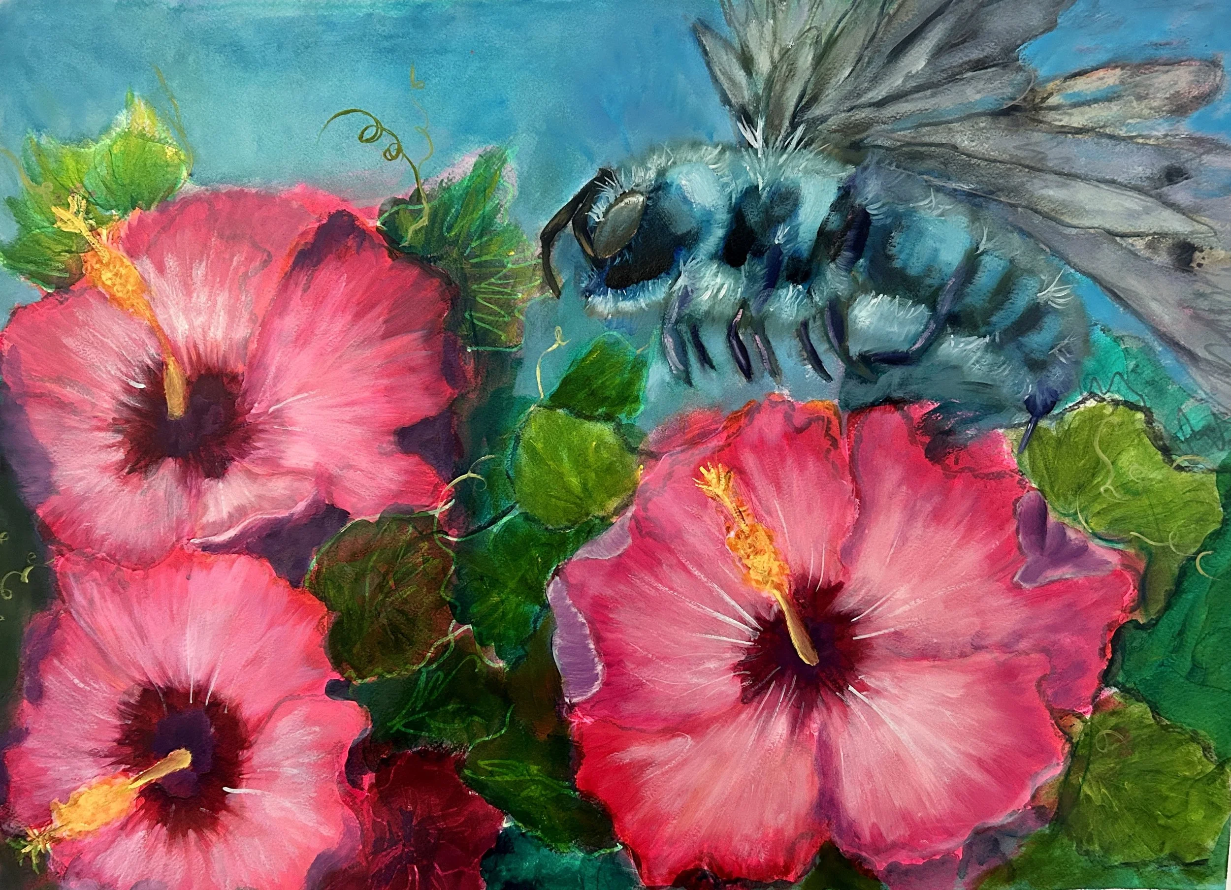 Original painting by BekHarris Art of a blue bee with bright pink hibiscus