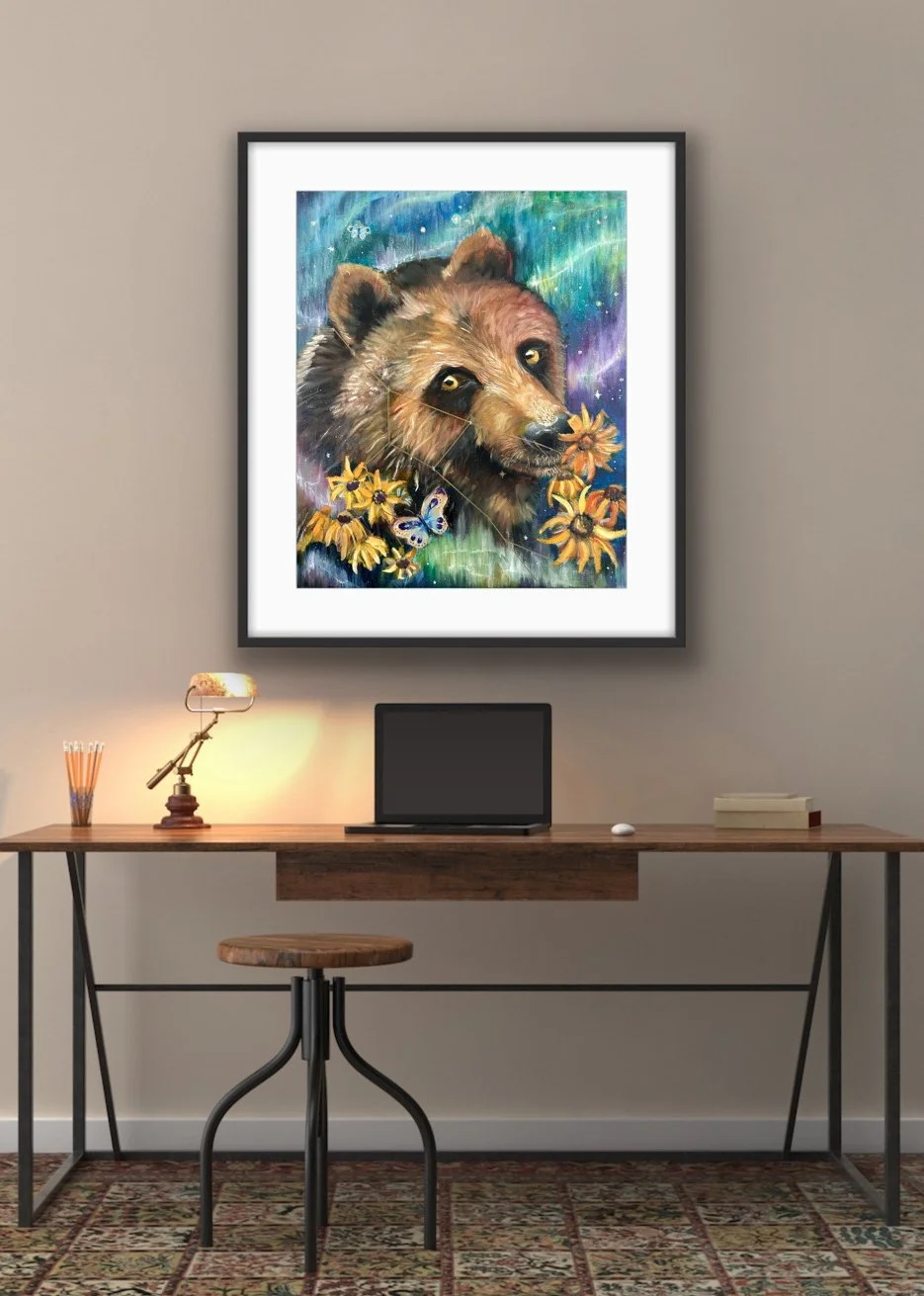 original painting of a bear by Bek Harris in an home office area