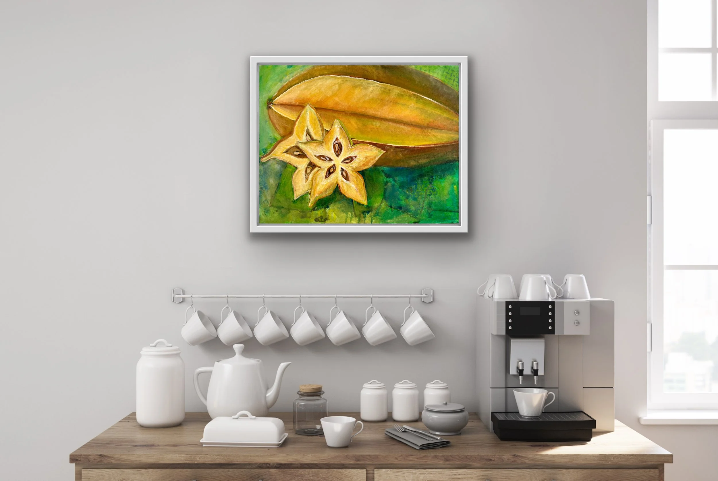 original painting of a starfruit over a kitchen coffee station