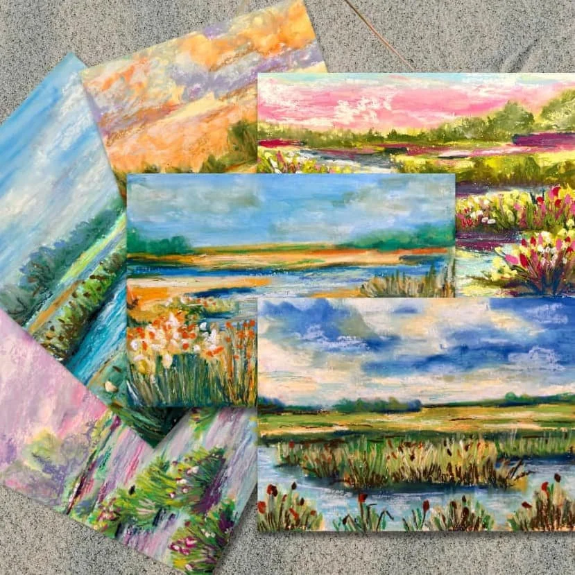 A collection of six landscape paintings depicting nature scenes with fields, water, sky, and flowers, painted in vibrant, impressionistic style from the Tidal Gems collection