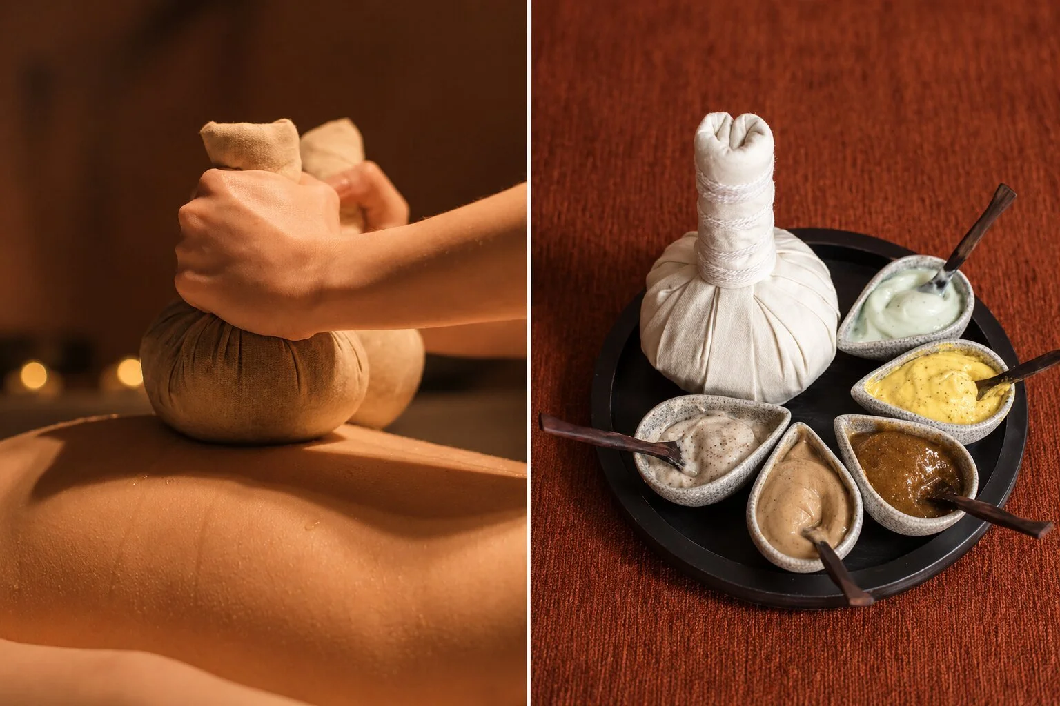 Herbal compresses applied to a client’s back, beside a prepared cloth bolus and treatment ingredients for Pinda Svedana.