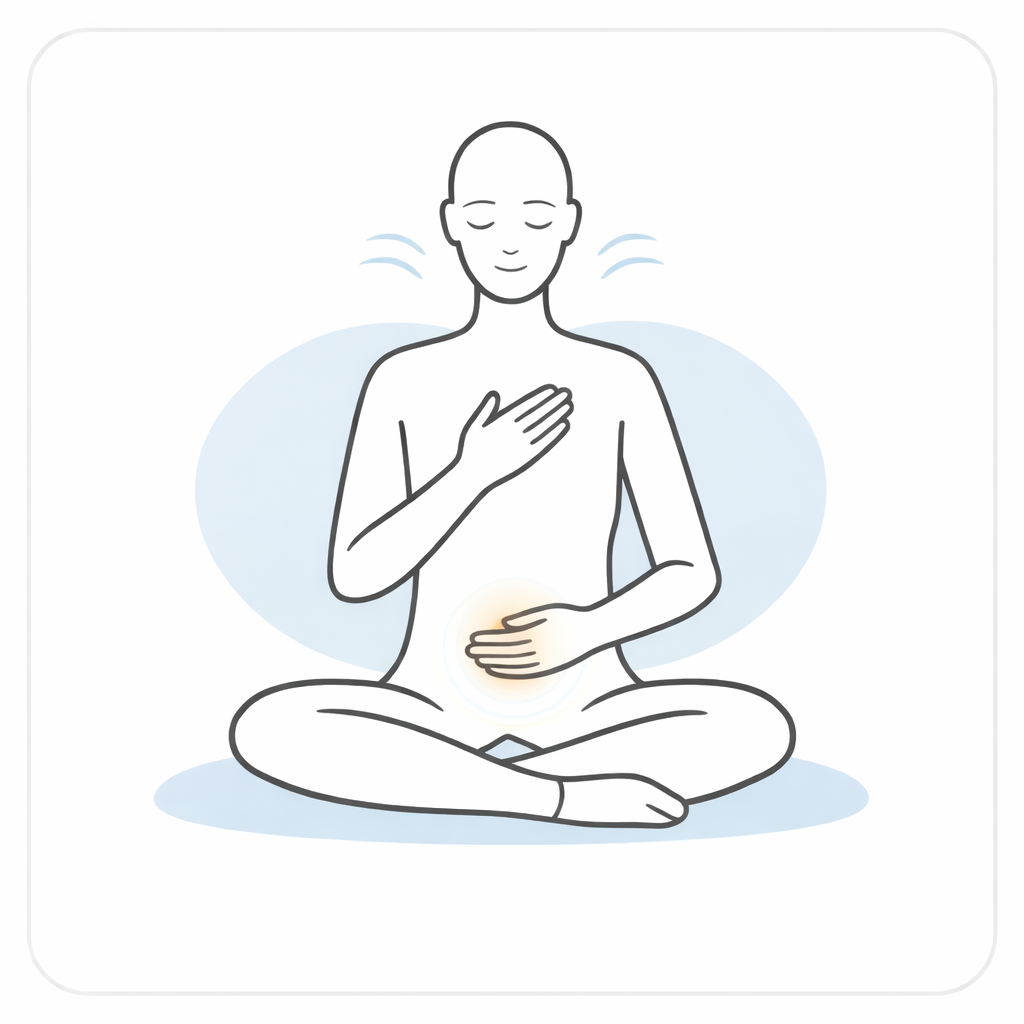 Minimal line-art illustration of a seated person with hand on abdomen and subtle glow at the navel indicating digestive support
