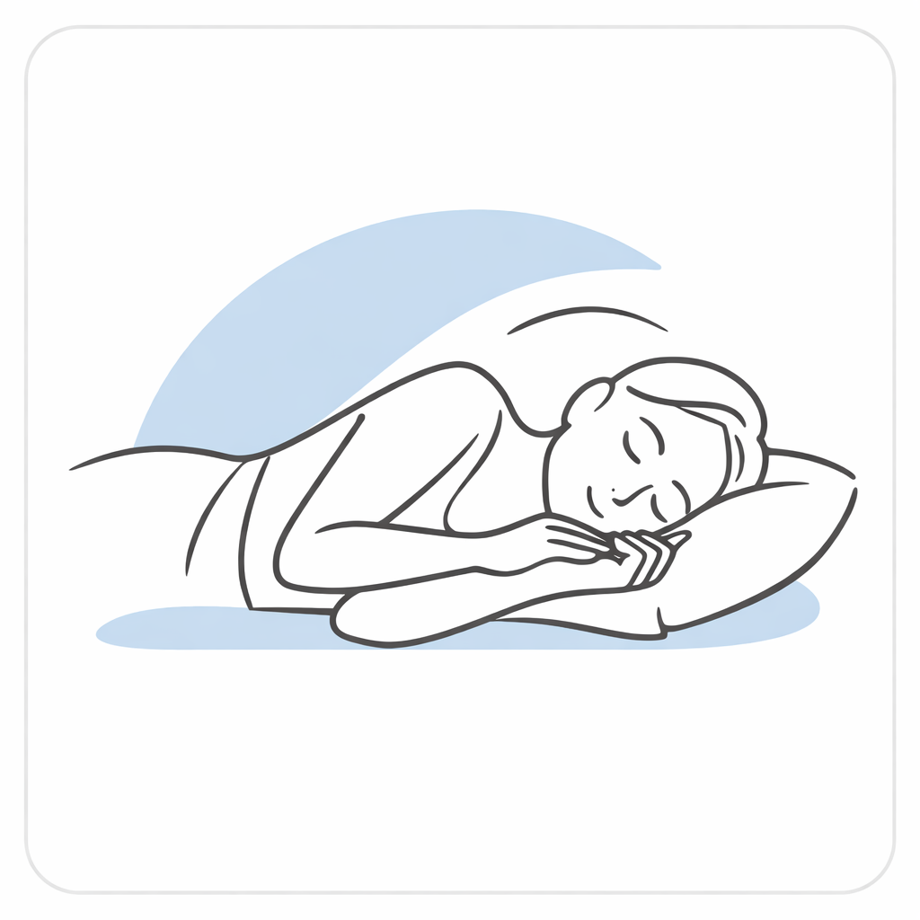 Minimal line-art illustration of a person sleeping on their side with a crescent accent suggesting calm evening rest