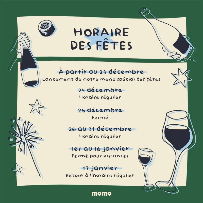 OY&Eacute; OY&Eacute; 🎄 Voici notre horaire des f&ecirc;tes ! Nous vous pr&eacute;parons un menu sp&eacute;cial pour l&rsquo;occasion. Le menu sera disponible du 23 au 31 d&eacute;cembre 🎁 Restez &agrave; l&rsquo;aff&ucirc;t, nous publierons tous l