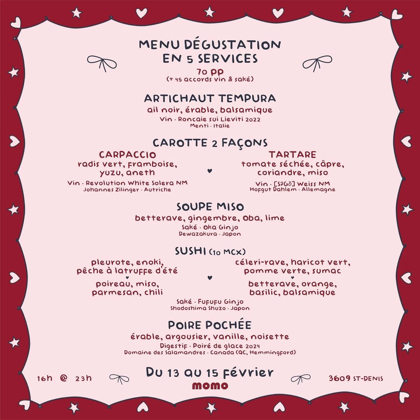 Tant attendu....... On vous d&eacute;voile enfin notre menu sp&eacute;cial en 5 services pour le weekend de la St-Valentin 💘 On vous propose des cr&eacute;ations in&eacute;dites sign&eacute;es Christian Ventura qui se marieront &agrave; la perfectio