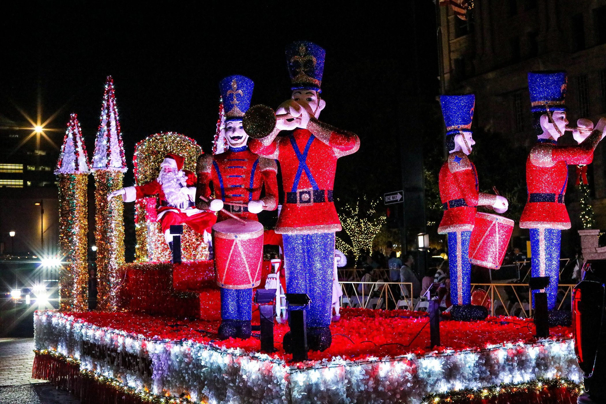 Santa on a float for Parade of Lights through Downtown Fort Worth