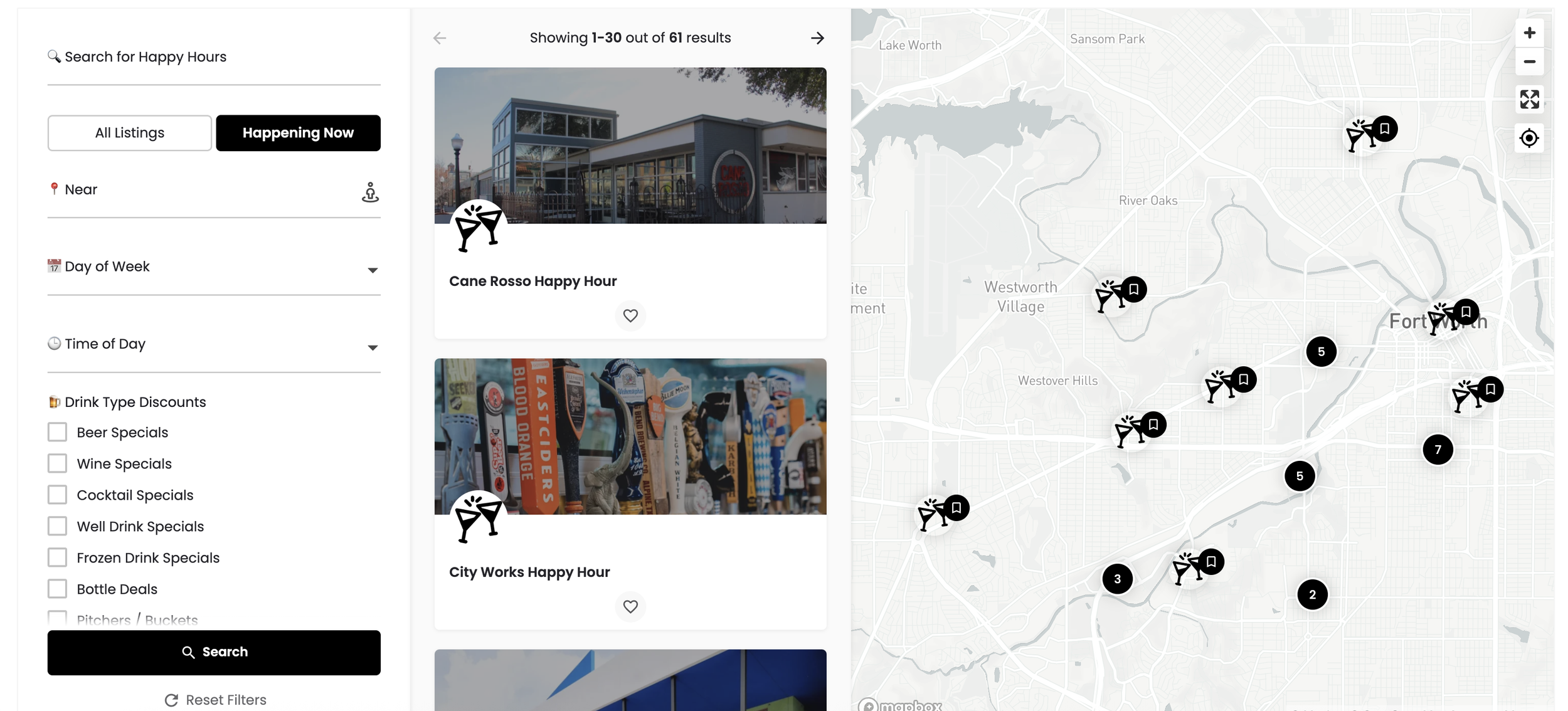 Screenshot of a website showing happy hour locations in Fort Worth, Texas, with a map on the right and a list of venues on the left page. The map contains icons representing different venues and the number of deals available at each location.