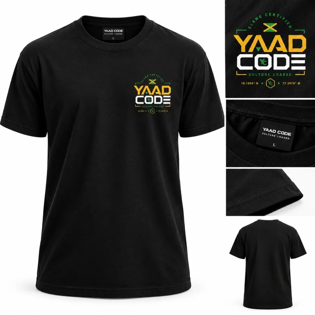 Black Yaad Code unisex T-shirt with Caribbean streetwear branding