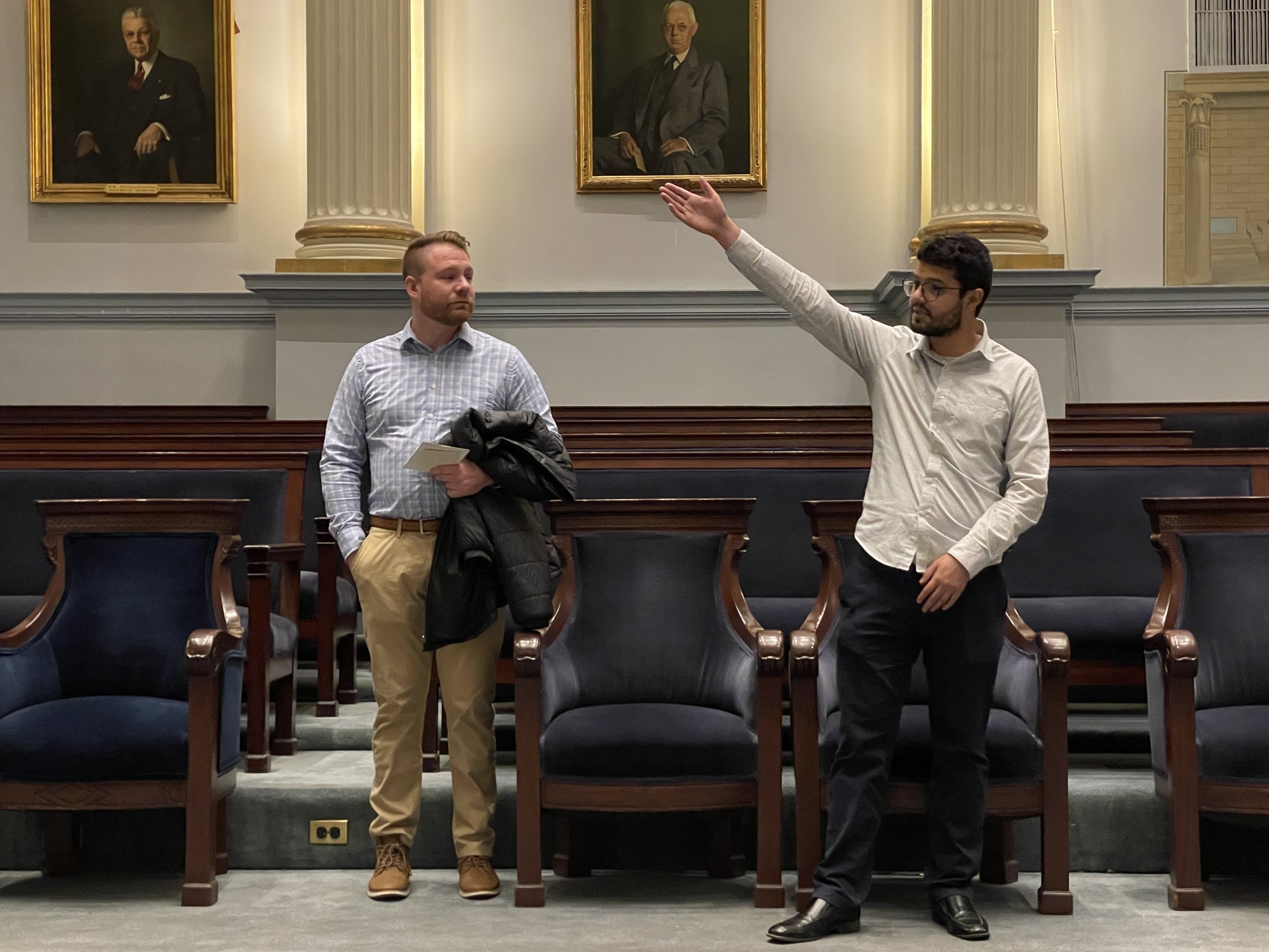  Pablo Brenes-Coto and Samuel Englert giving the members of the Lodge an overview of the Esplanade Association and the upcoming Charles River Cleanup event on April 22, 2023 