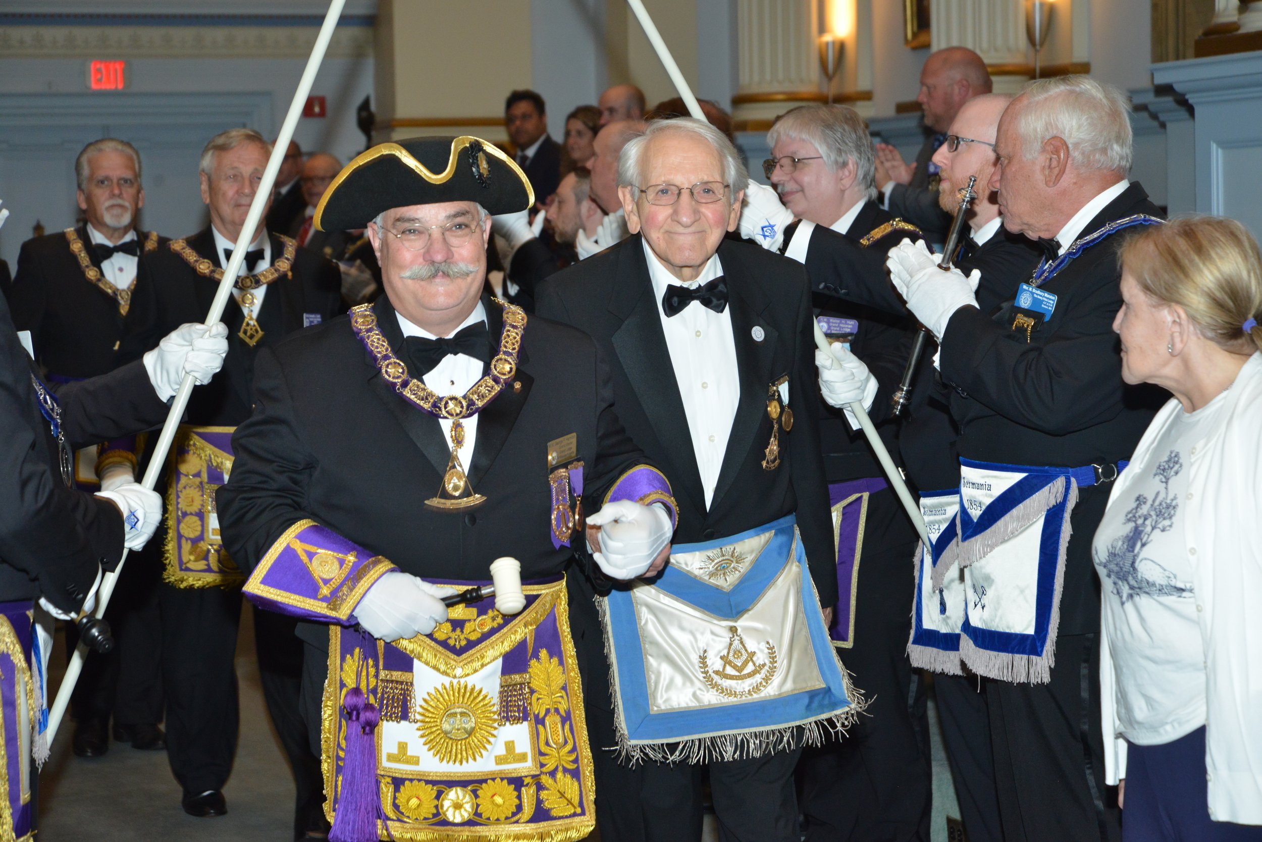  Most Worshipful George F. Hamilton, Grand Master of Masons in Massachusetts, welcomed into The Henry Price Lodge by thunderous applause 
