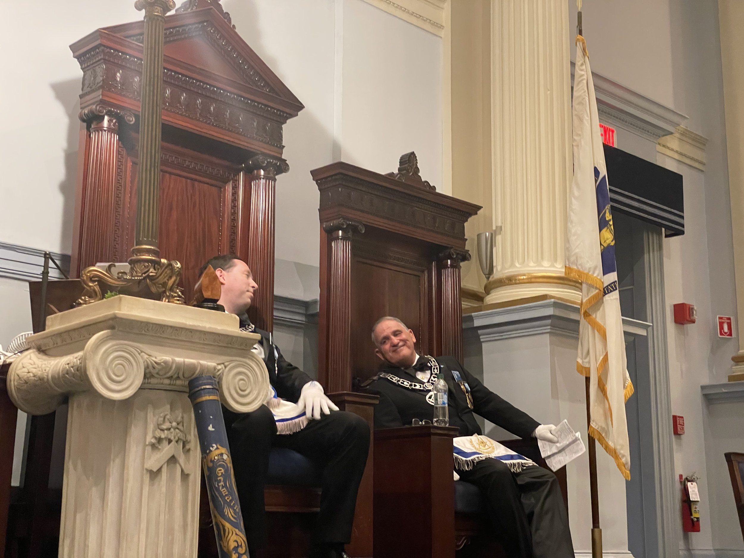  Bro. Evan Fisher, Senior Warden, sitting in as Master during a vote to extend honorary membership to the Worshipful Master, Wor. Brad Turnier, in honor of his years of service to the Lodge. 