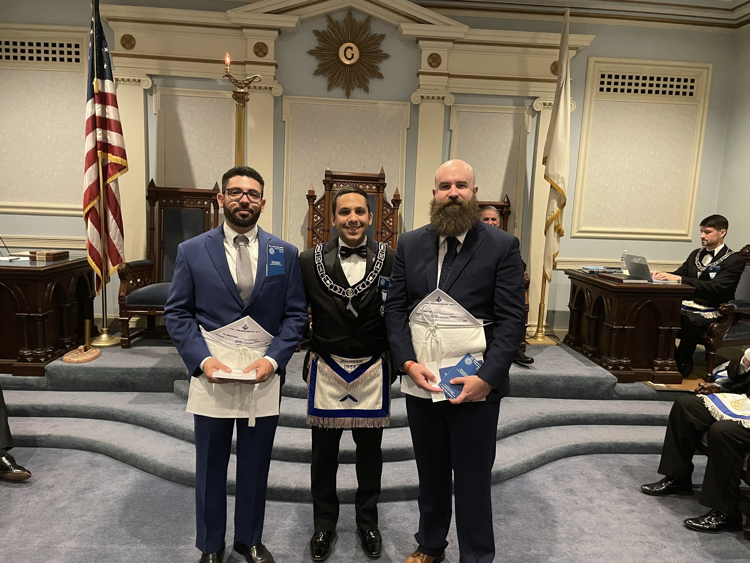  Worshipful Master, Wor. Brad Turnier welcomes the newest Entered Apprentices to The Henry Price Lodge, Bro. Erich White and Bro. A. Renan Dos Santos 