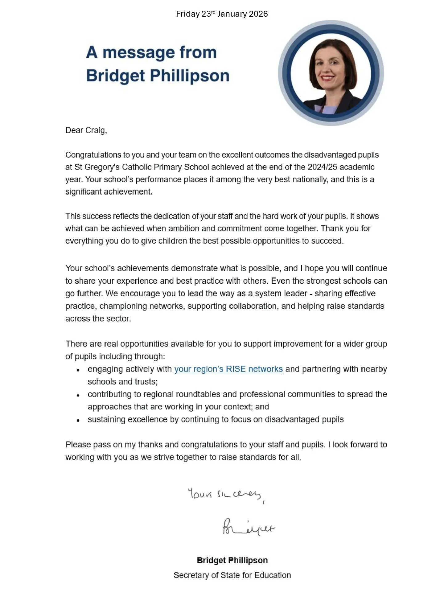 We are incredibly proud to have received this letter from the Secretary of State for Education recognising the exceptional outcomes achieved by our disadvantaged pupils 🌟

It is a real honour to see our school acknowledged among the very best nation