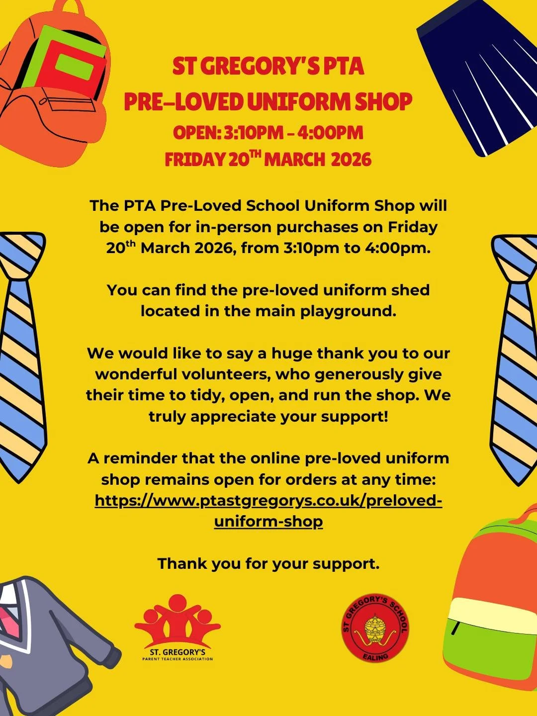 The PTA Pre-Loved School Uniform Shop will be open for in-person purchases on Friday 20th March 2026, from 3:10pm to 4:00pm.

You can find the pre-loved uniform shed located in the main playground.

We would like to say a huge thank you to our wonder
