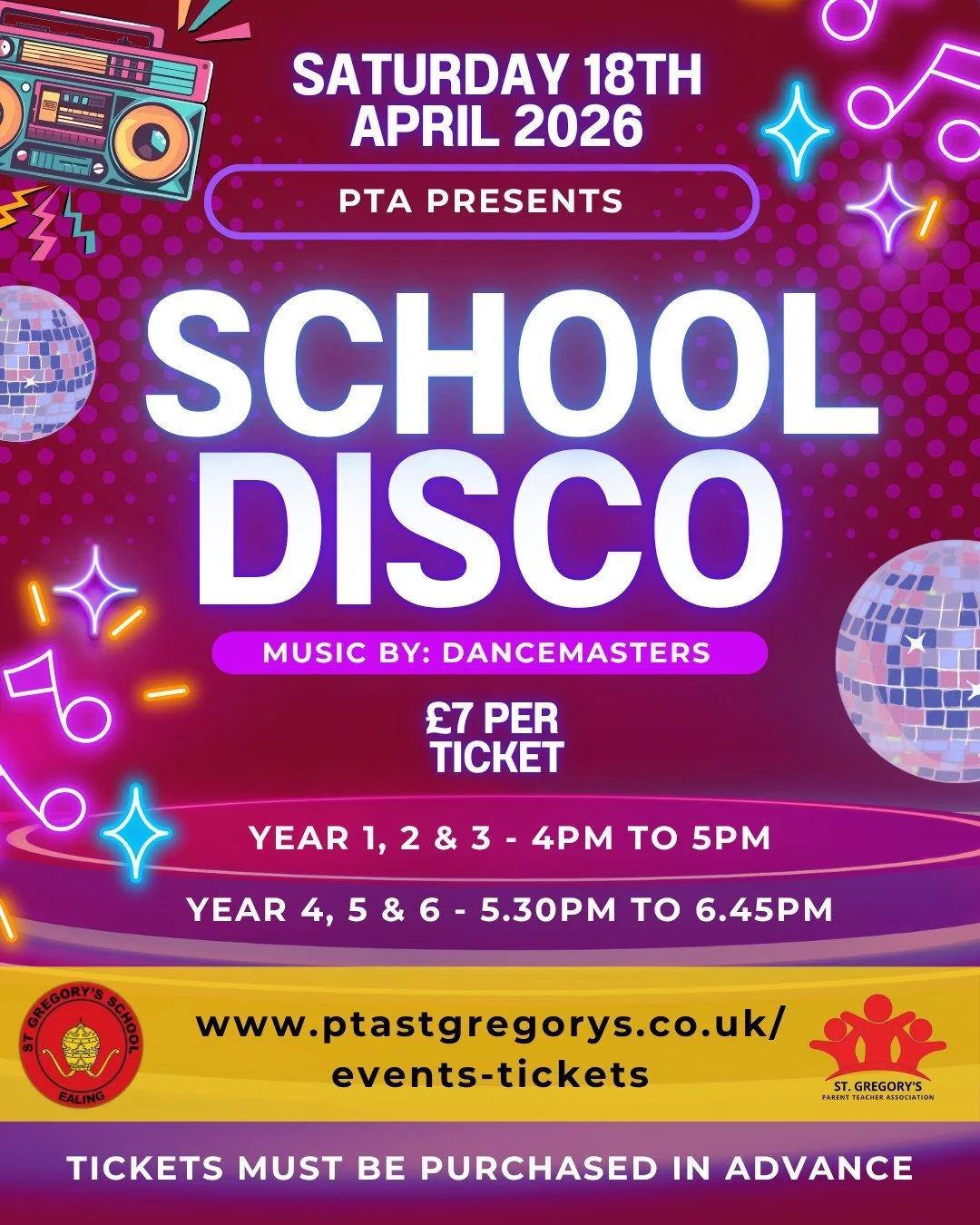 🎉 PTA is super excited to announce the return of the School Disco &ndash; Saturday 18th April! 🎉

This is such an incredible event for the children &ndash; they absolutely love it! 🕺💃

🕓 Year 1, 2 &amp; 3: 4:00pm &ndash; 5:00pm
🕠 Year 4, 5 &amp