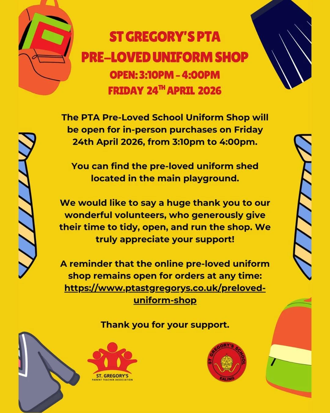 The PTA Pre-Loved School Uniform Shop will be open for in-person purchases on Friday 24th April 2026, from 3:10pm to 4:00pm.

You can find the pre-loved uniform shed located in the main playground.

We would like to say a huge thank you to our wonder