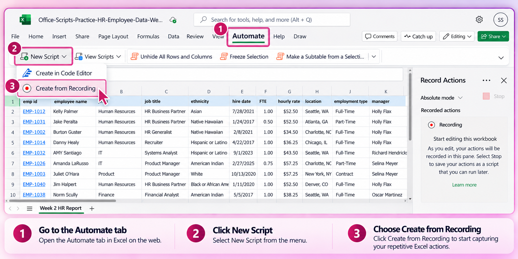 Create an Office Script in Excel on the web using Record Actions