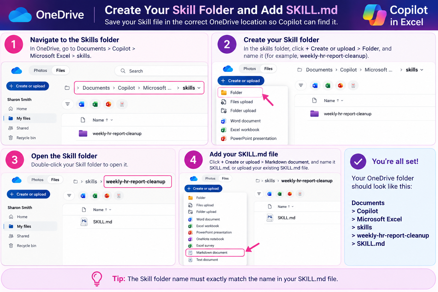 How to create a Copilot Skill folder in OneDrive and add a SKILL.md file for Copilot in Excel.