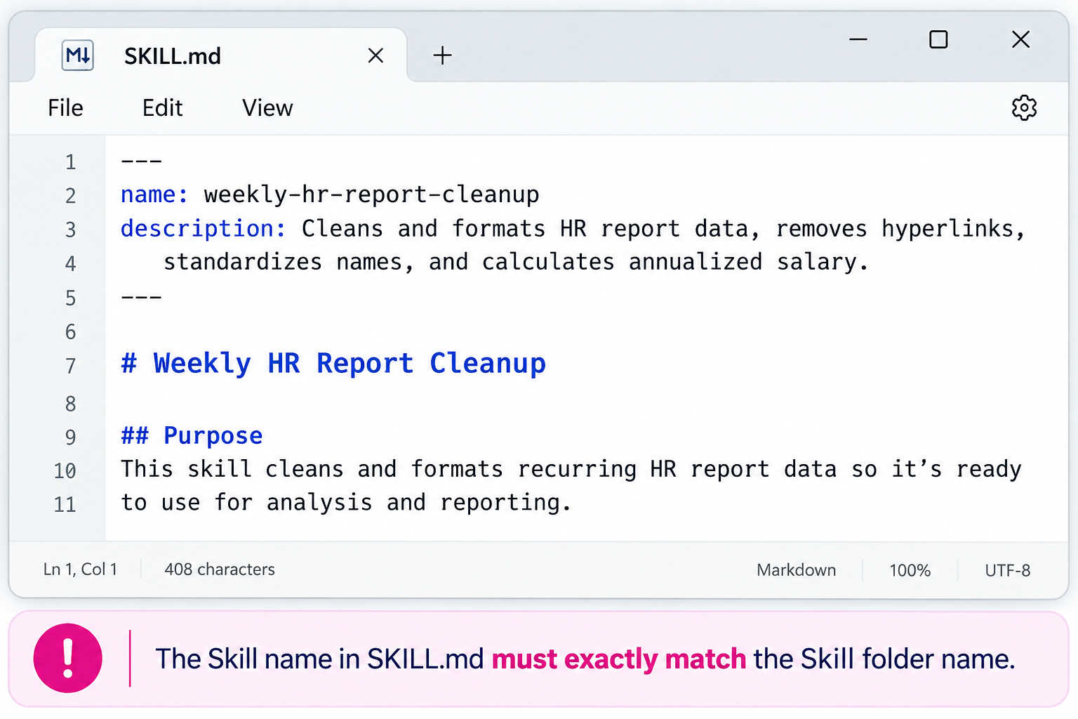 SKILL.md example showing the name, description, and reusable instructions for a custom Copilot Skill in Excel.