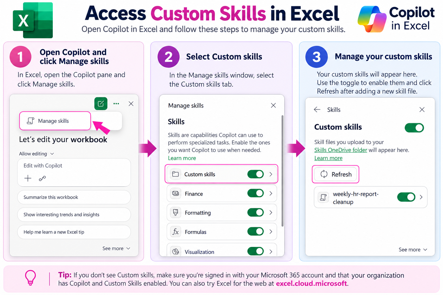 How to access Custom Skills in Excel through Copilot's Manage skills menu.