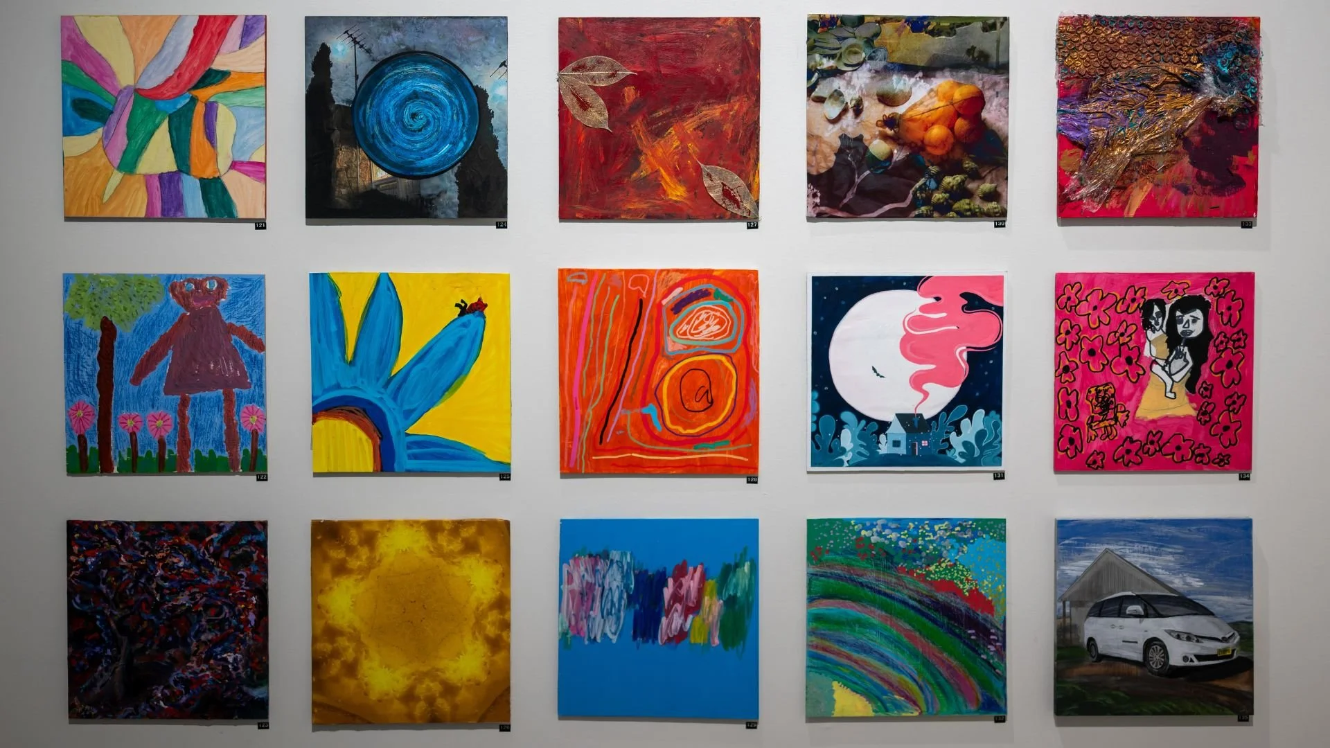 15 square artworks side by side in a grid, all very vibrant but vastly different