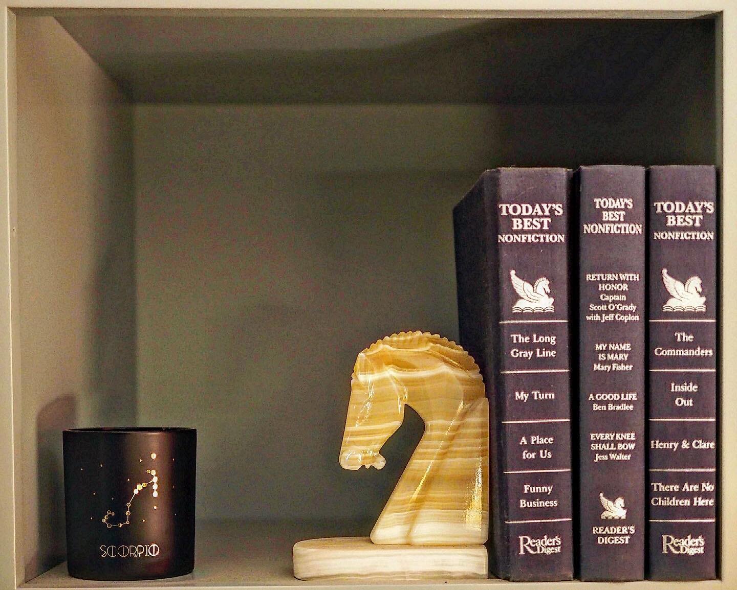 #shelfiesunday Here&rsquo;s a little cubby in my bookshelf. I love this horse bookend so much. The Scorpio candle was from a friend. 

What&rsquo;s your sign? Do you believe zodiacs say something about you? 

#airplanegames #harlequinbooks #harlequin