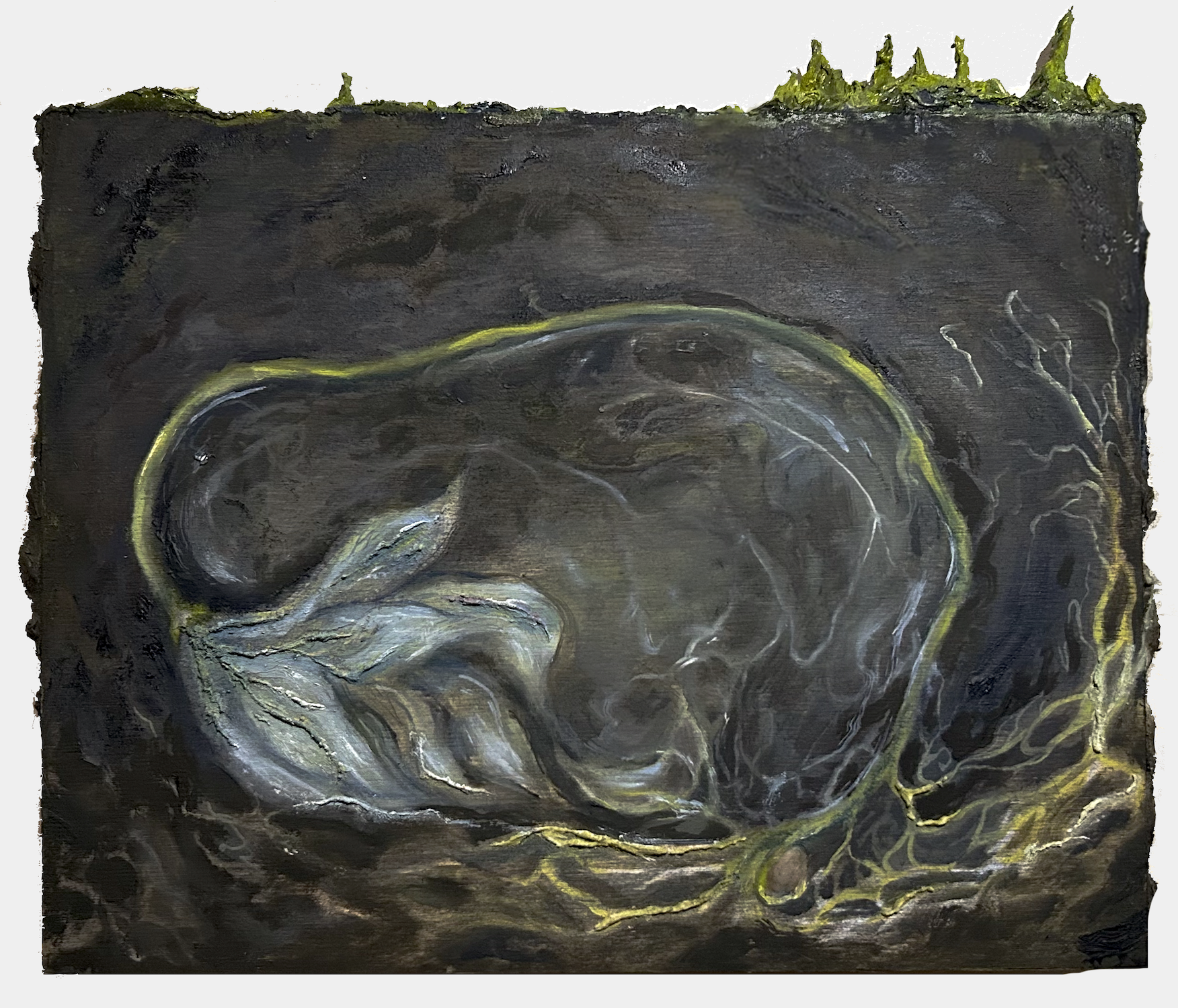 soil amnion, oil and moulding paste on panel (2025)