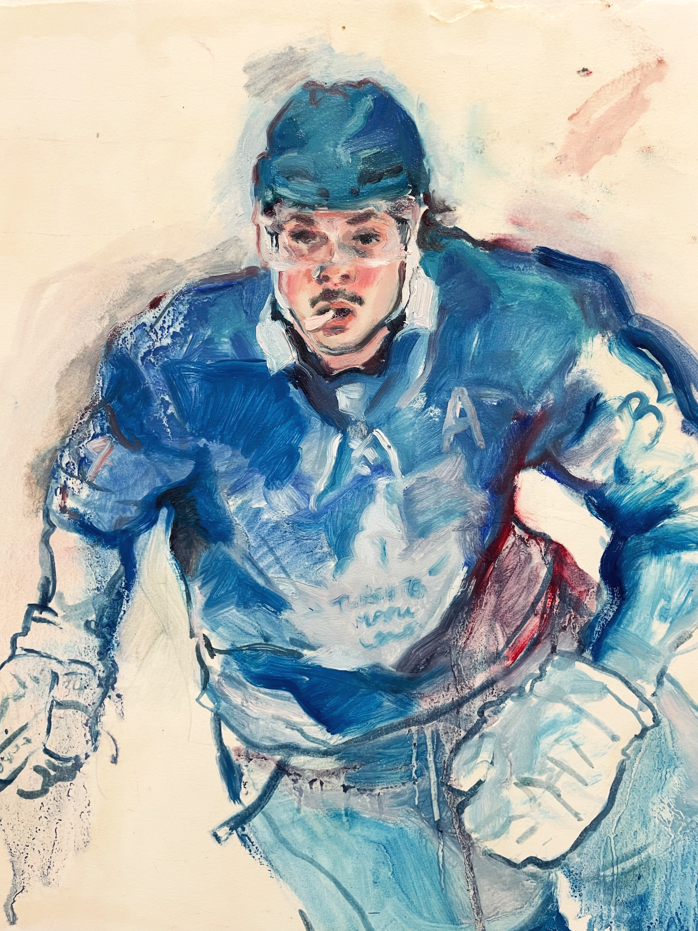 sketch of a hockey player, (2022) oil on pronto plate