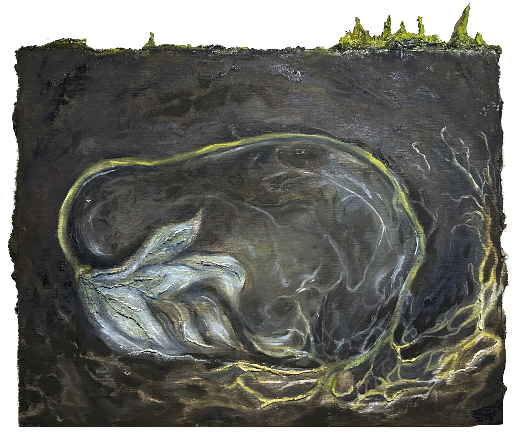 soil amnion, oil and moulding paste on panel (2025)