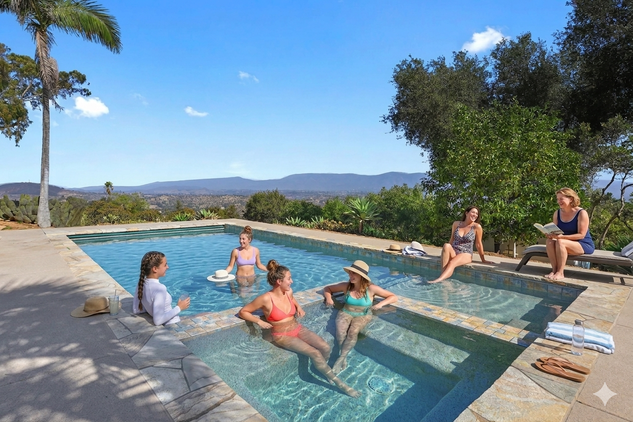 Five women in swimsuits enjoying a sunny day at a backyard pool with a scenic mountain view, some sitting on the pool edge, others in the water, with hats, towels, and drinks nearby.