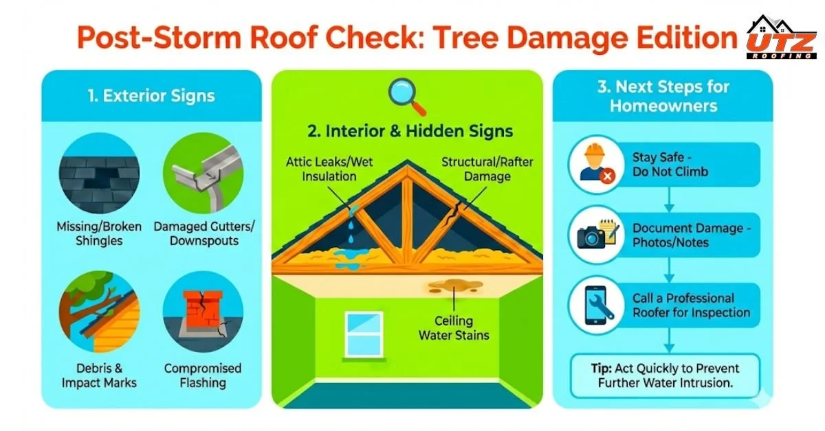 Infographic titled 'Post-Storm Roof Check: Tree Damage Edition