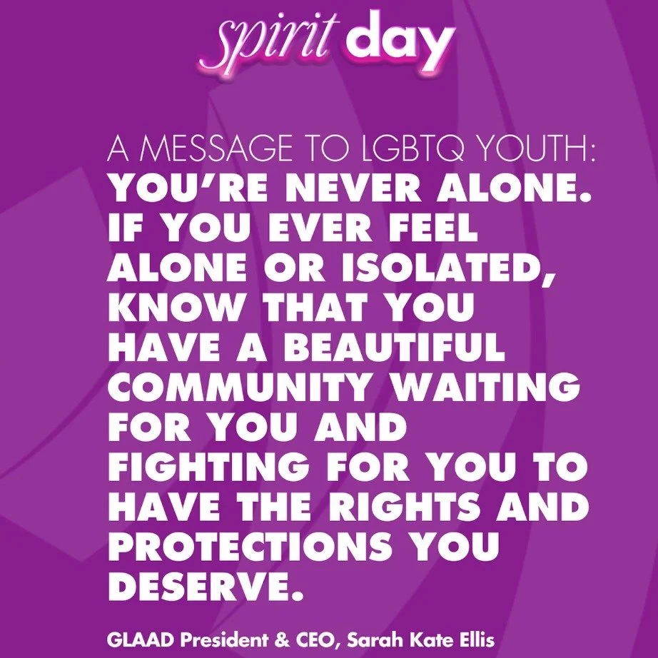 Happy #SpiritDay! Go purple to support LGBTQ youth. 🏳️&zwj;🌈🏳️&zwj;⚧️

A message to the LGBTQ youth out there: 💜 You&rsquo;re never alone. If you ever feel alone or isolated, know that you have a beautiful community waiting for you and fighting f