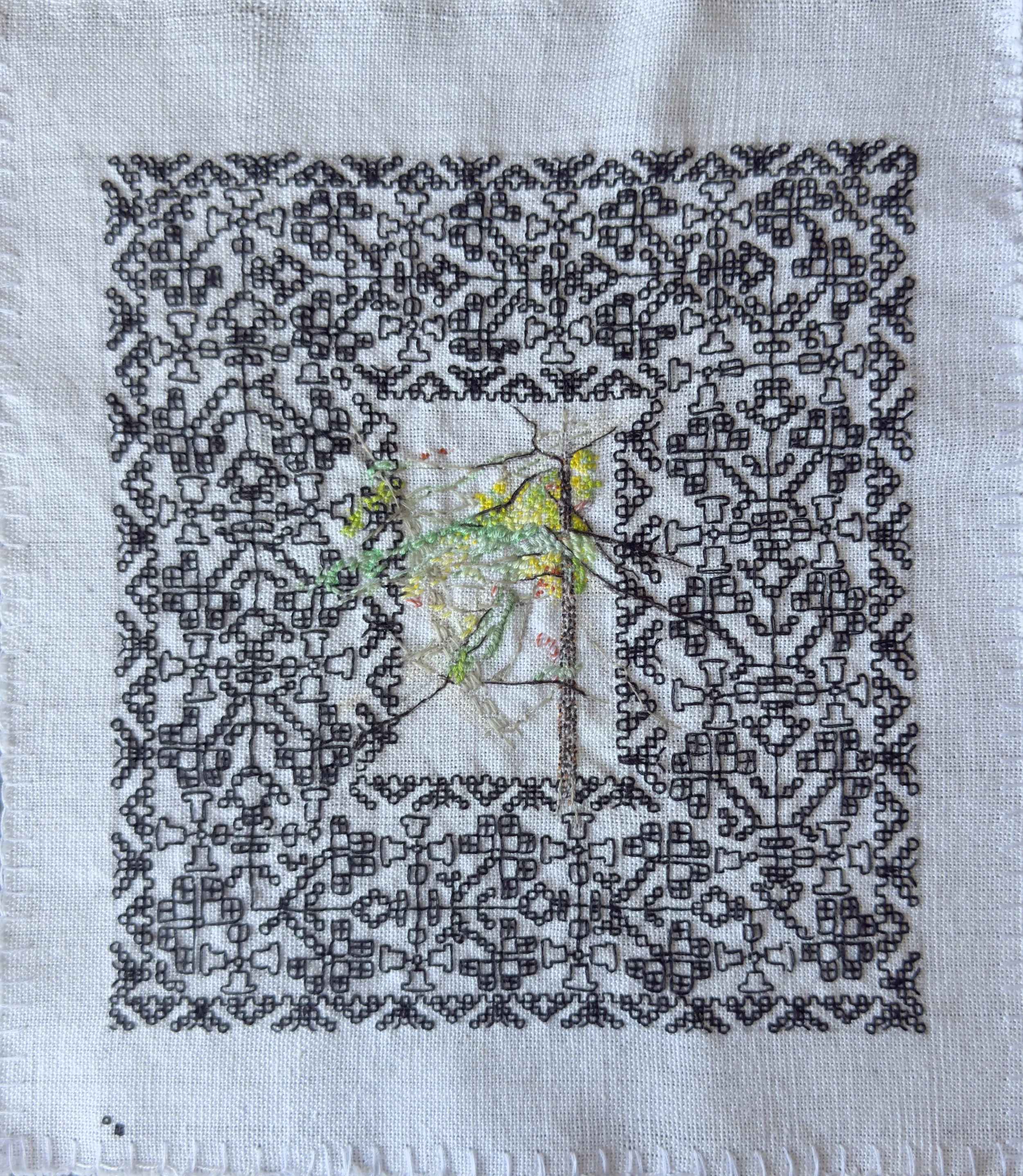 woven history (ii) 23 x 23 cm 2026 embroidery on traditionally woven cloth in collaboration with Cezara Iustina