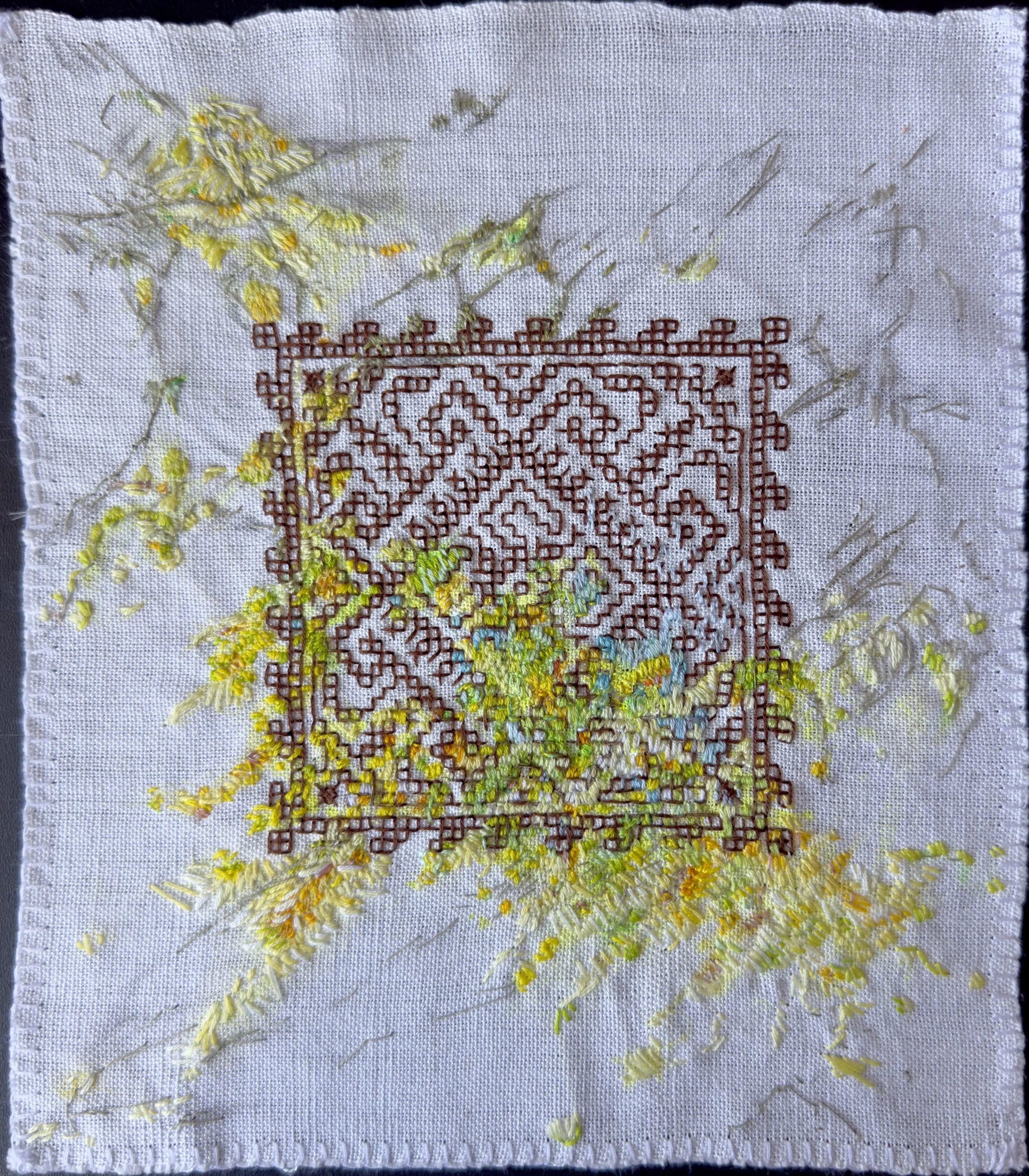 Woven history (iii) 23 x 23 cm 2026 embroidery on traditionally woven cloth in collaboration with Cezara Iustina