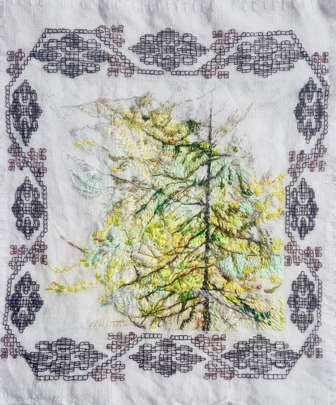 Woven history (iv) 23 x 23 cm 2026 embroidery on traditionally woven cloth in collaboration with Cezara Iustina