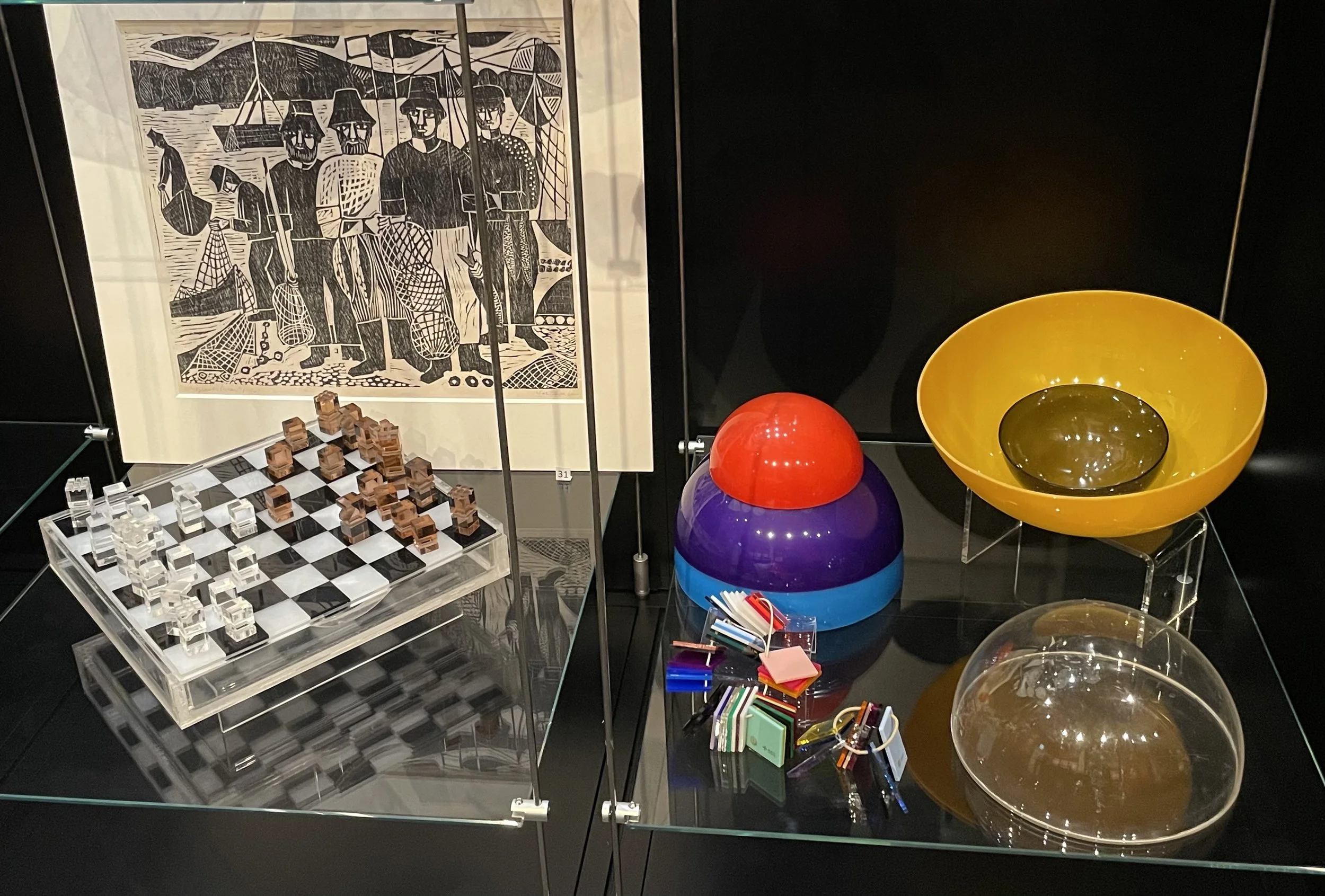 Curiosity cabinet with perspex chess set and objects fabricated by Jona Ullmann and linoprint by Corneliu Petrescu