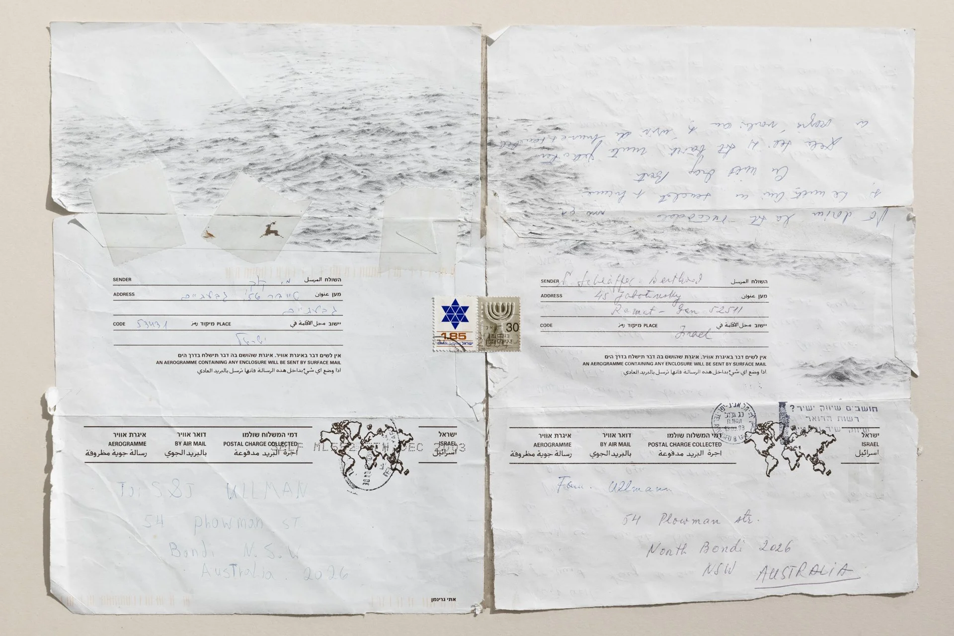 detail: 54 Plowman St
drawing, stamps on aerogramme
2026