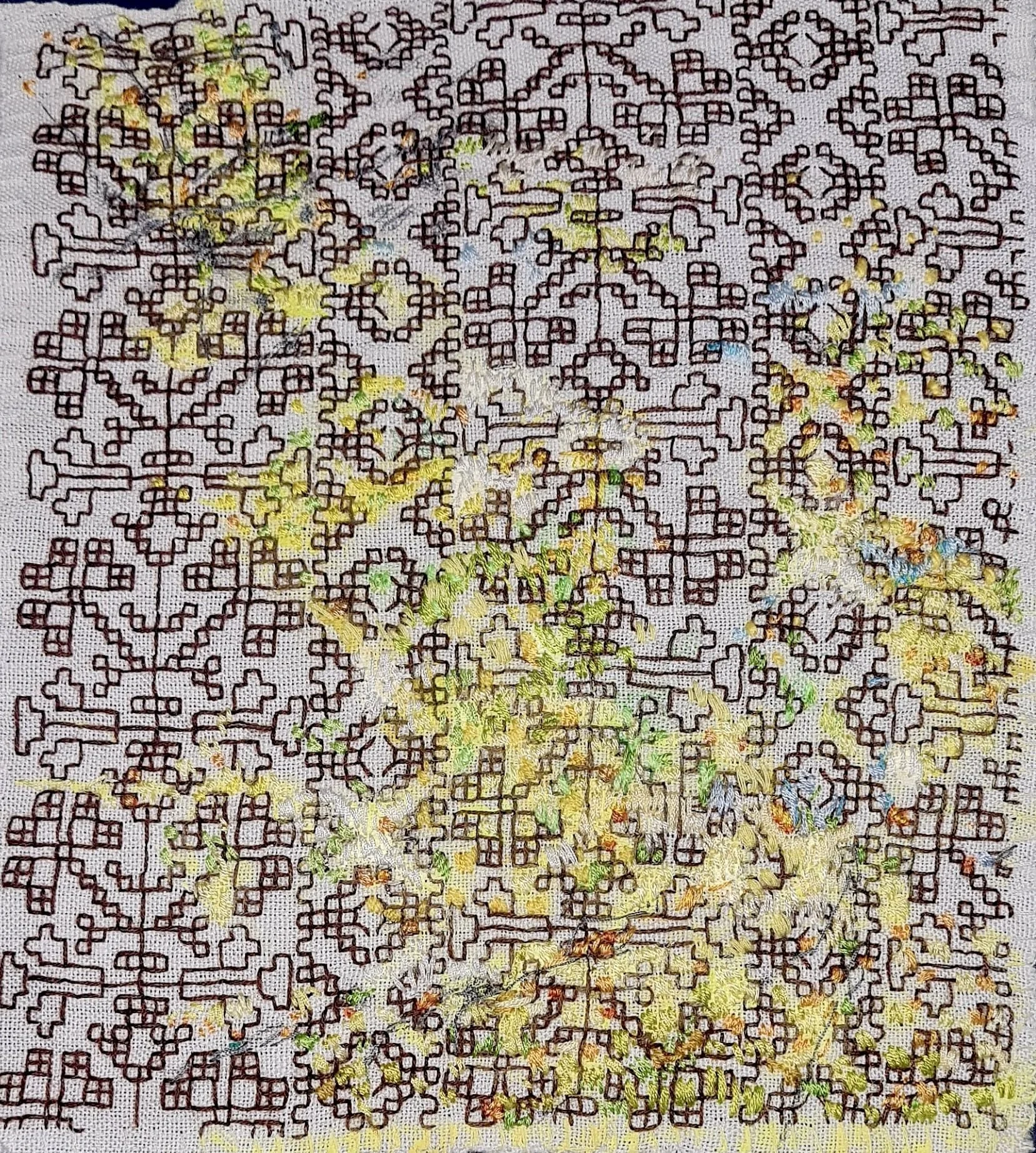 Woven history (v) 23 x 23 cm 2026 embroidery on traditionally woven cloth in collaboration with Cezara Iustina