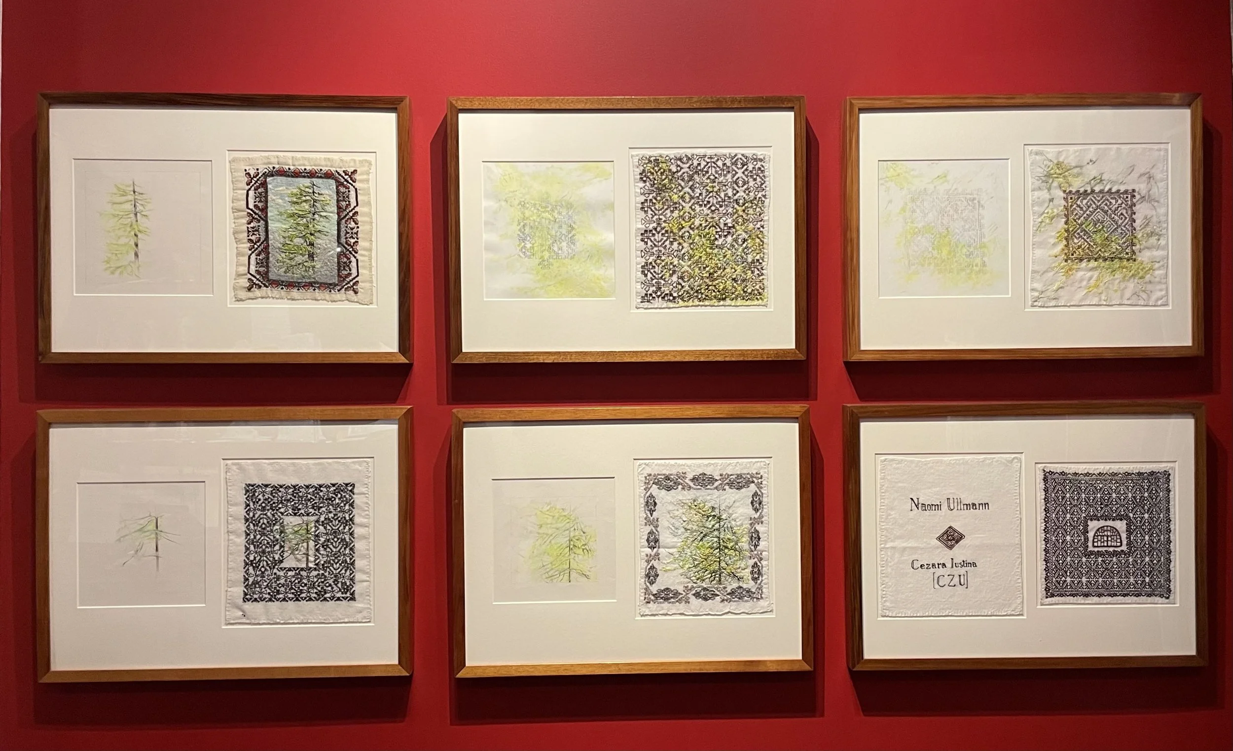 Woven history 2026  in collaboration with Cezara Iustina
Series of five drawings and six corresponding embroideries 
Coloured pencil on paper, handwoven cloth, embroidery thread 