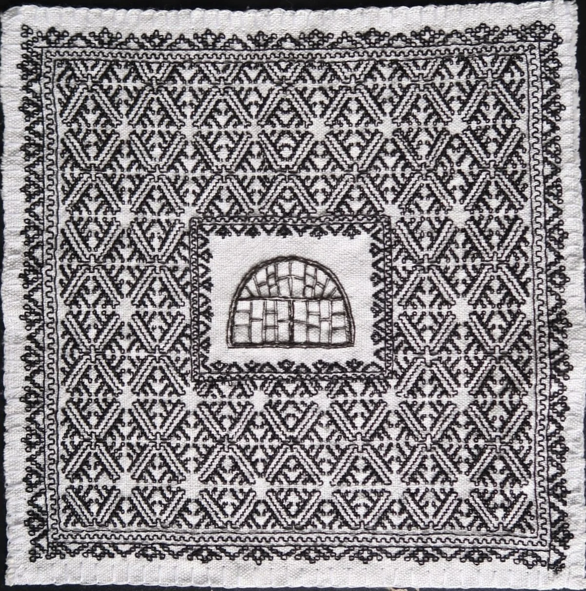 Woven history (vi) 23 x 23 cm 2026 embroidery on traditionally woven cloth in collaboration with Cezara Iustina