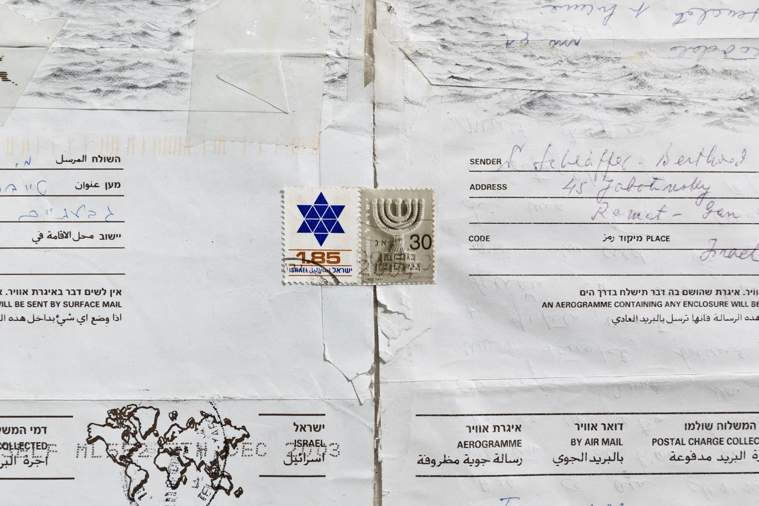 detail: 54 Plowman St
drawing, stamps on aerogramme
2026