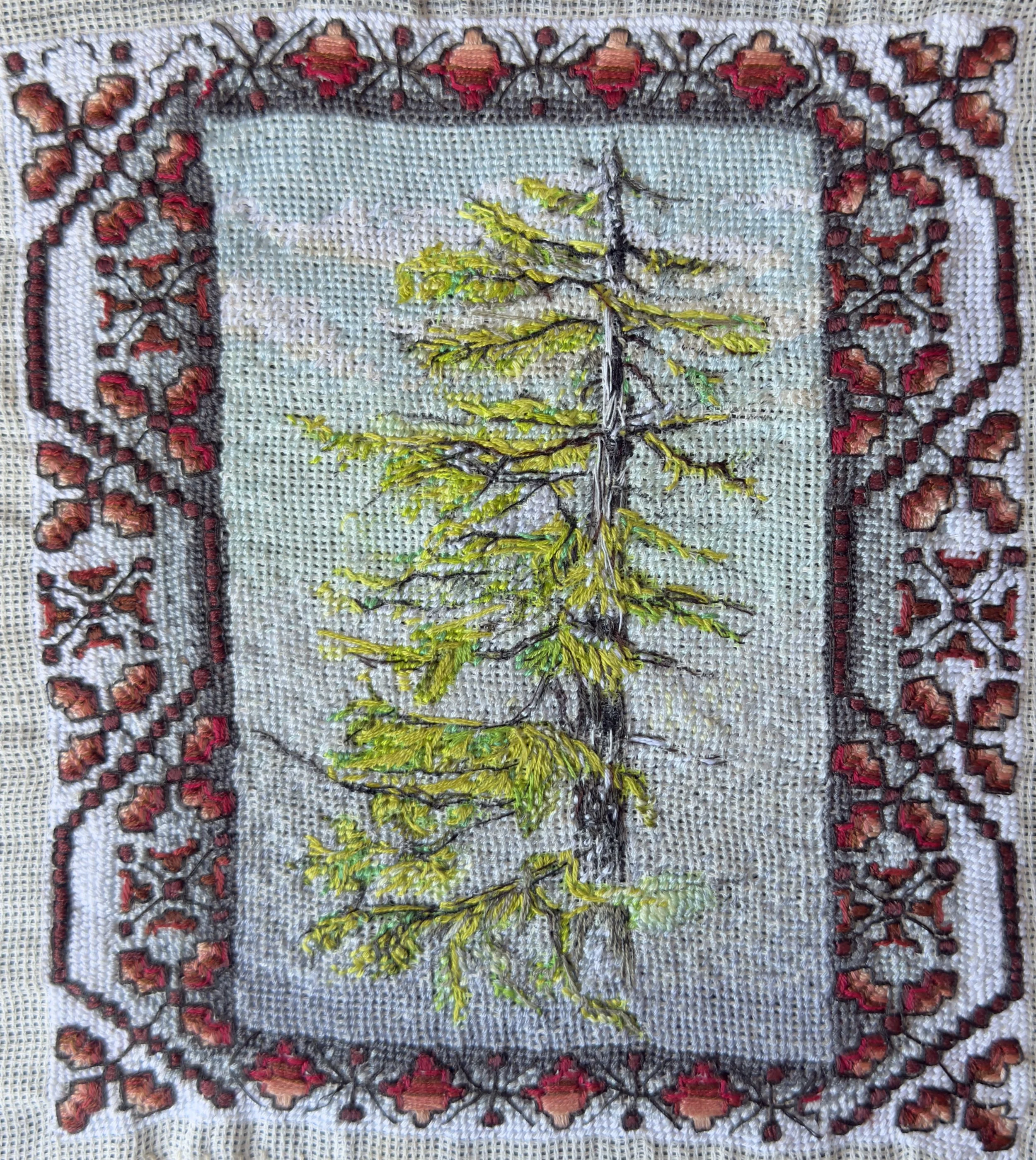 Woven history (i) 23 x 23 cm 2026 
embroidery on traditionally woven cloth in collaboration with Cezara Iustina