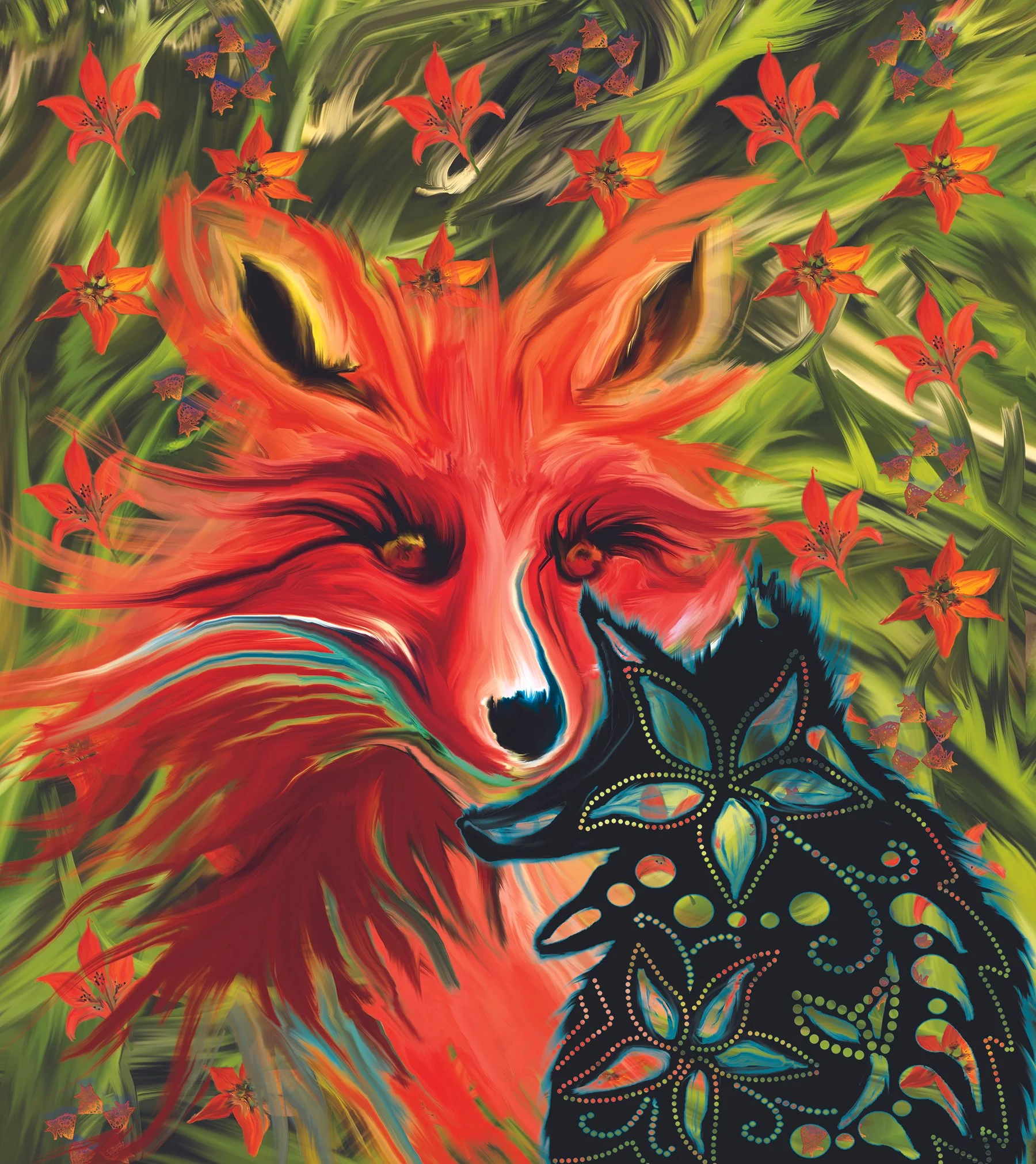 Wild Fox and wood lilies
