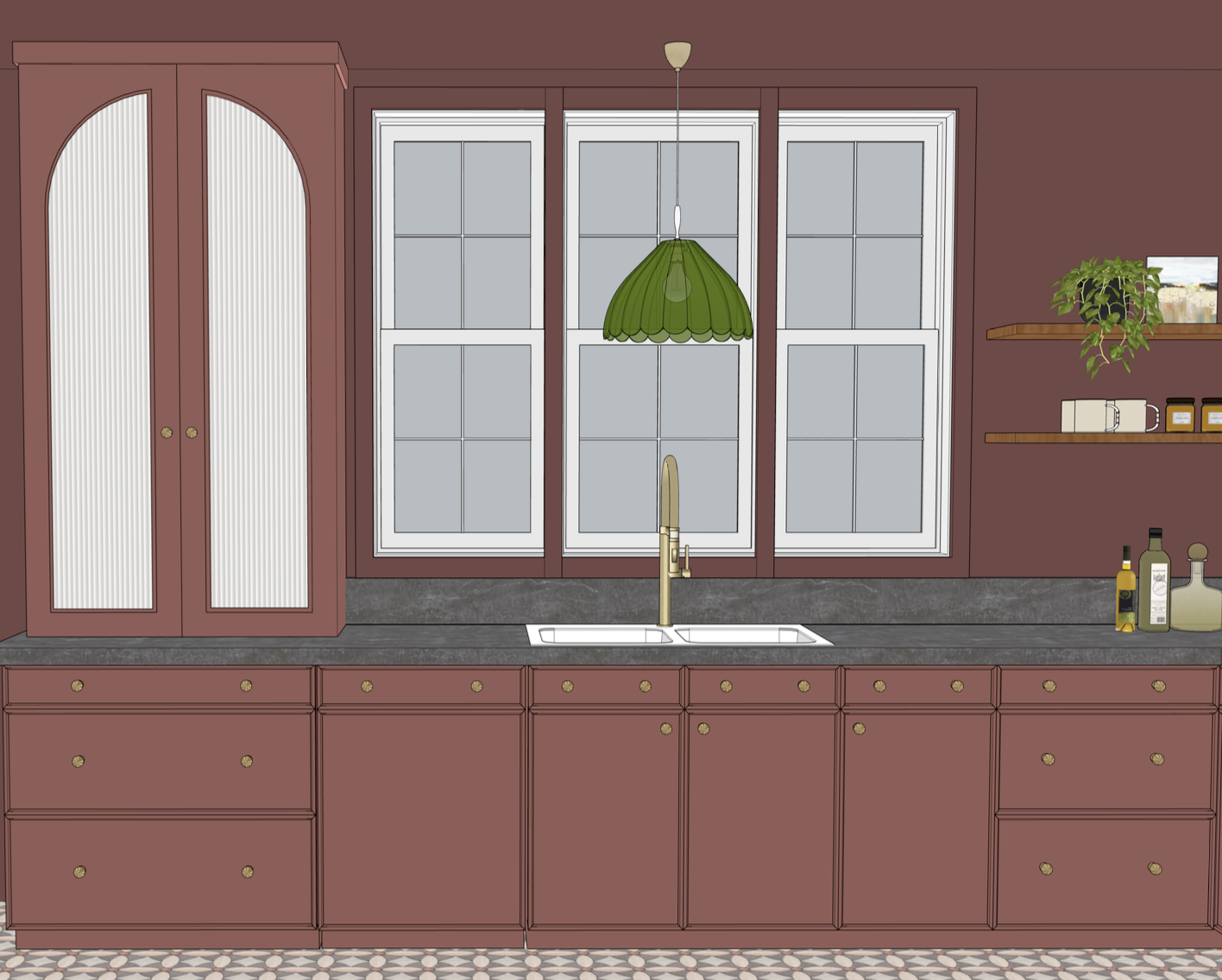 Kitchen with pink cabinets, black countertop, white double-hung window, shelves with plants and jars, bottles on countertop, and a green pendant light above the sink.