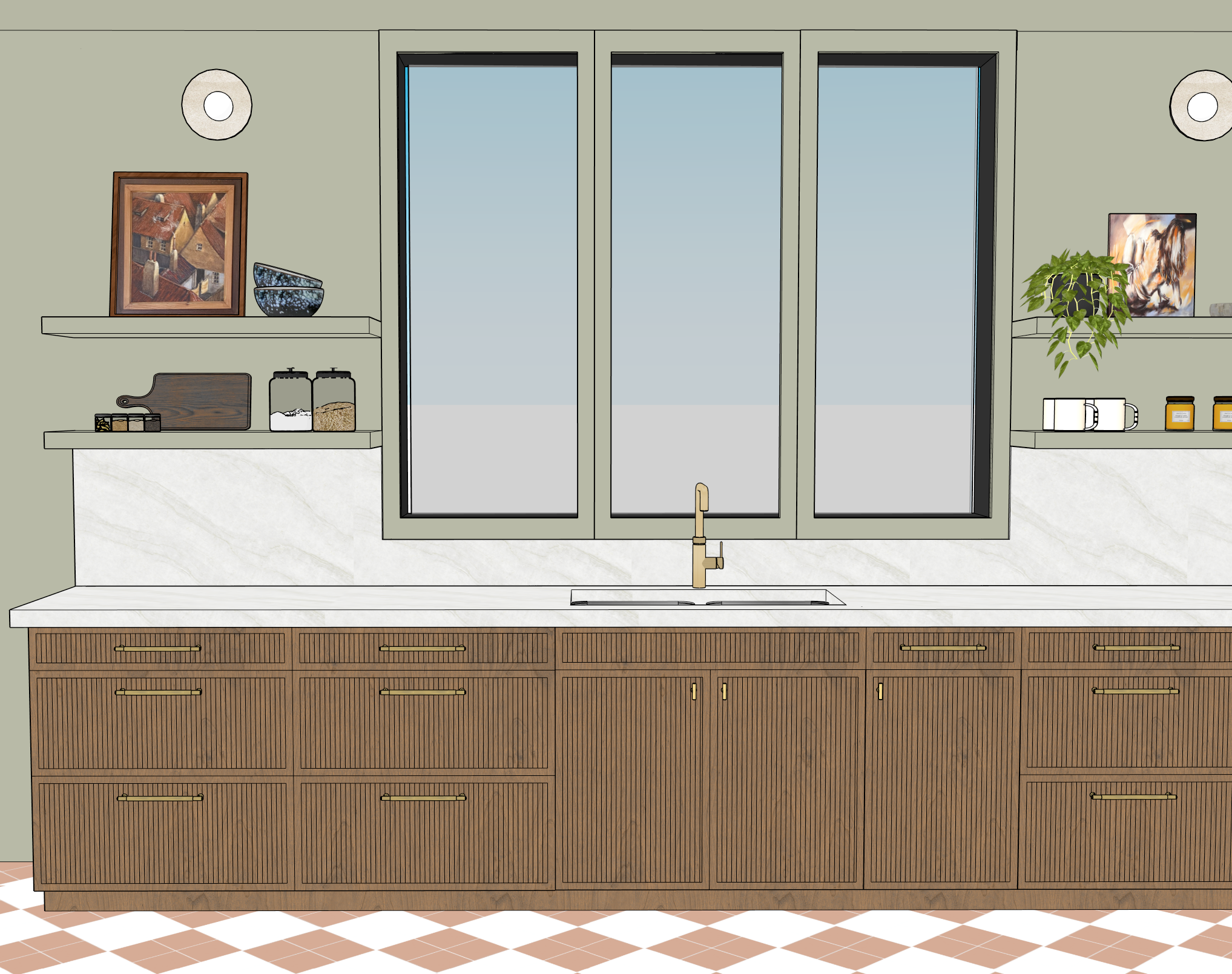 Modern kitchen with large window, wooden cabinetry, white marble countertop, decorative shelves, and potted plant.